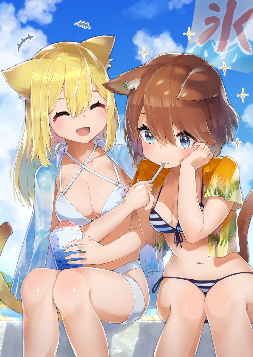 animal_ears bikini cleavage hatsuga_(dmaigmai) nekomimi open_shirt swimsuits tail yuri