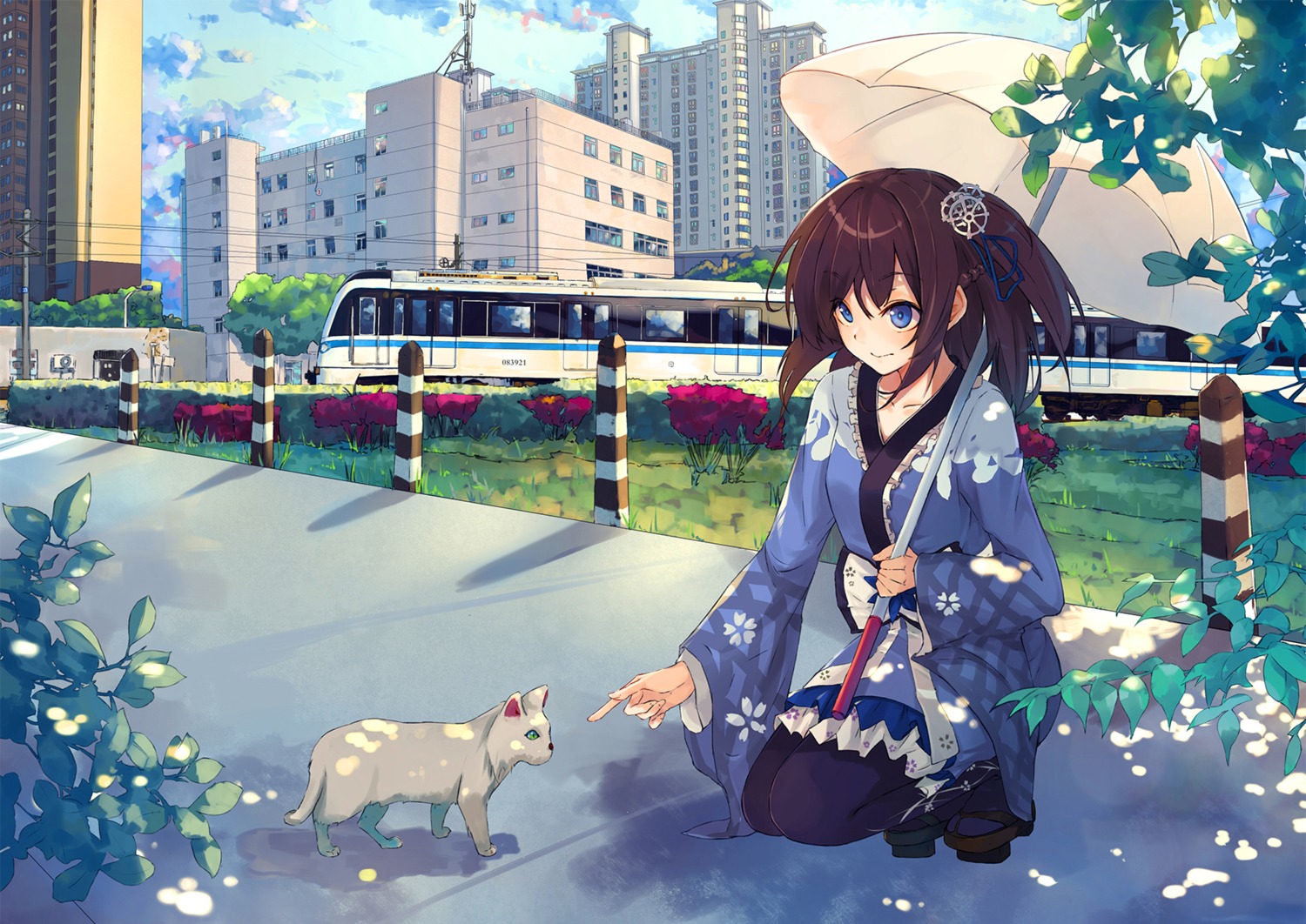 hoshino_(illyasviel) japanese_clothes neko umbrella