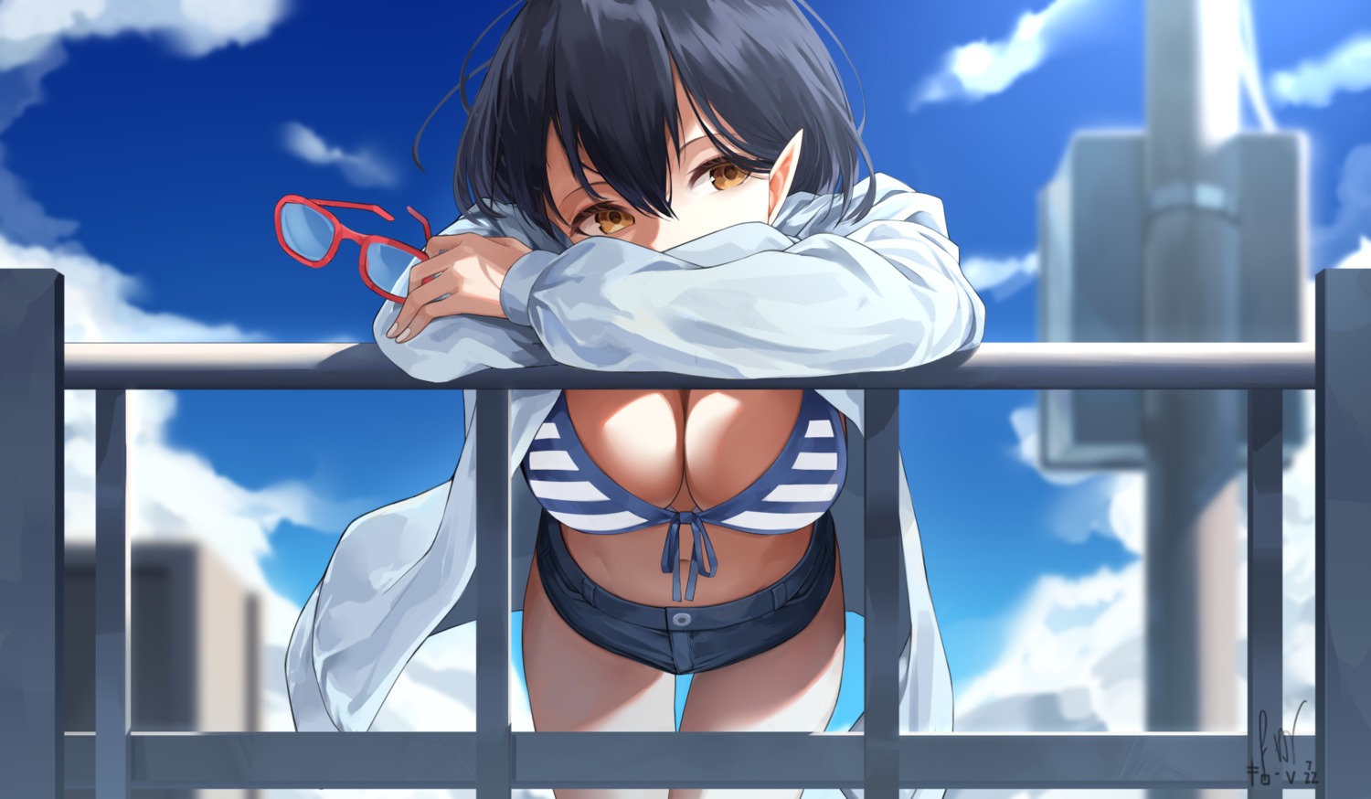 bikini_top blue_archive kidovie megane okusora_ayane open_shirt pointy_ears swimsuits