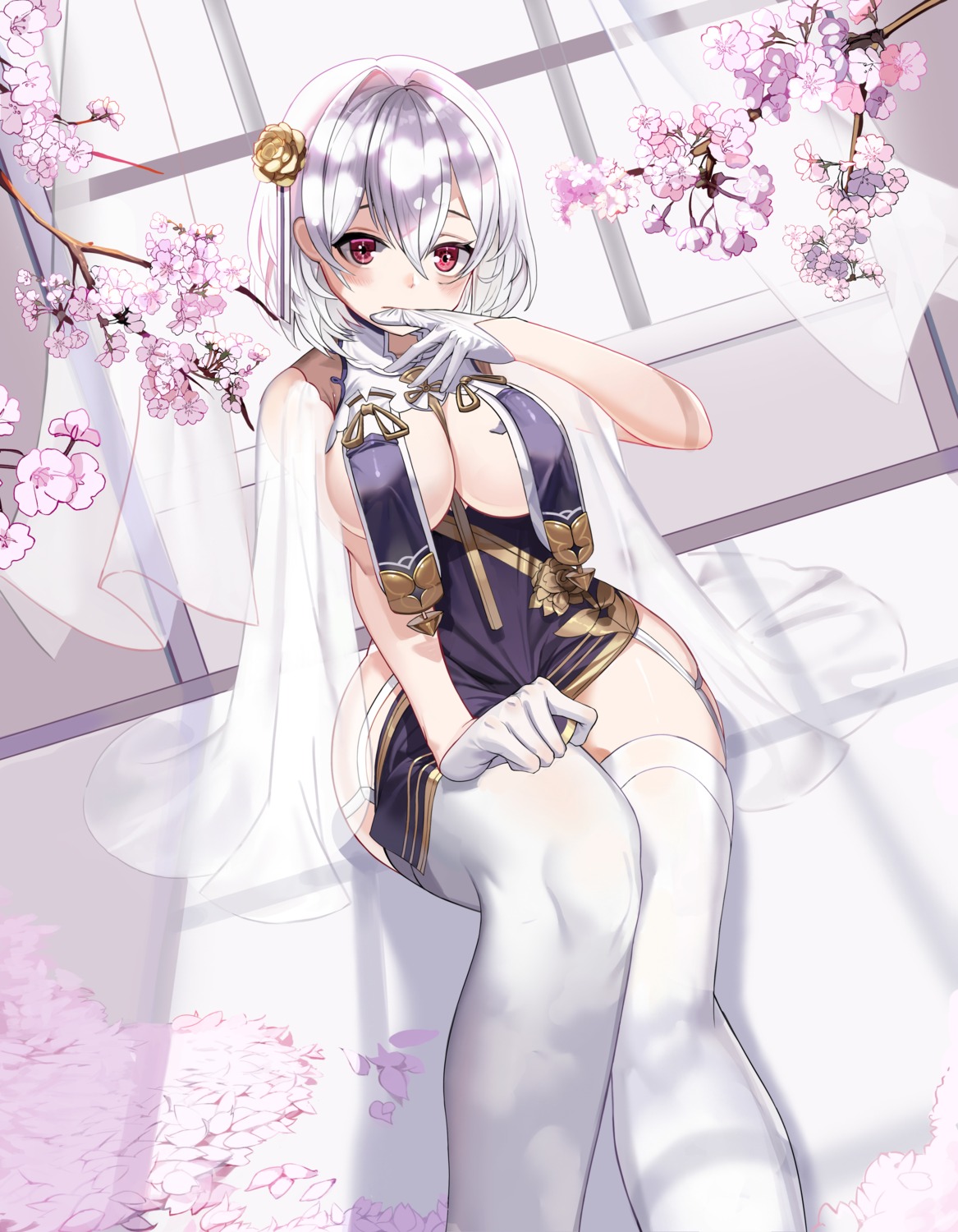 asian_clothes azur_lane erect_nipples merchant91 no_bra see_through sirius_(azur_lane) stockings thighhighs