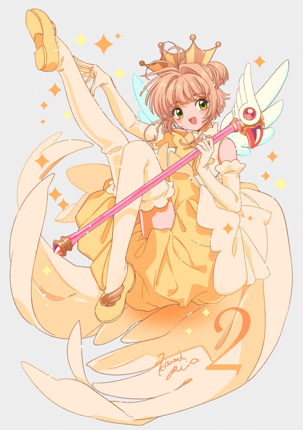 card_captor_sakura kinomoto_sakura kisumi_rei skirt_lift thighhighs weapon wings