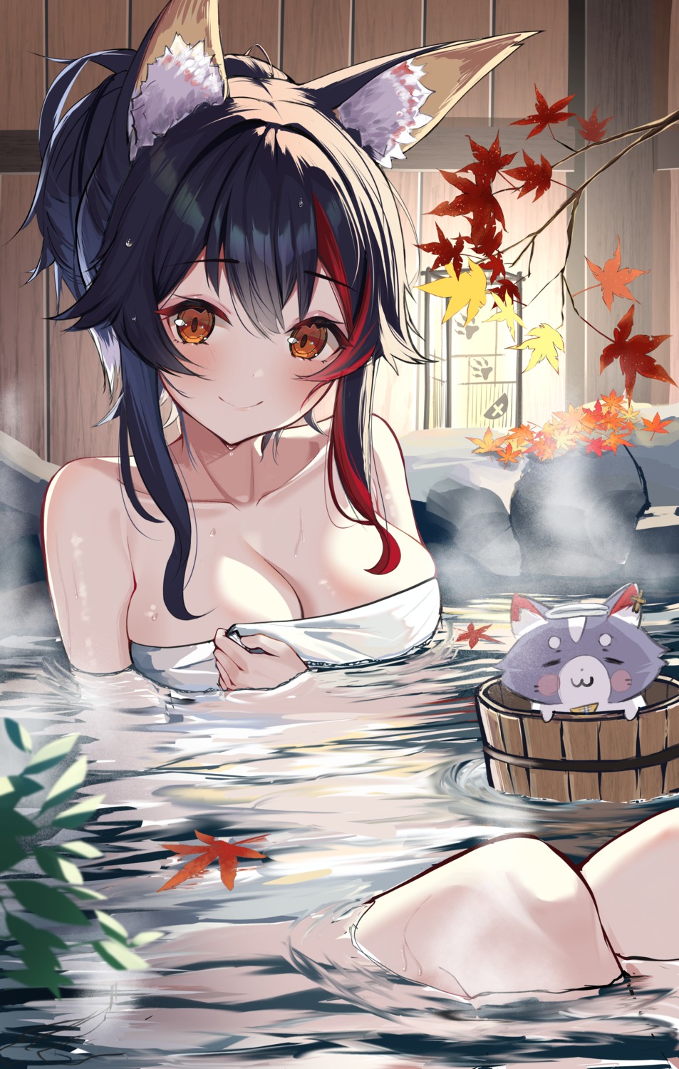 animal_ears bathing hololive hololive_gamers onsen ookami_mio puripuri towel wet