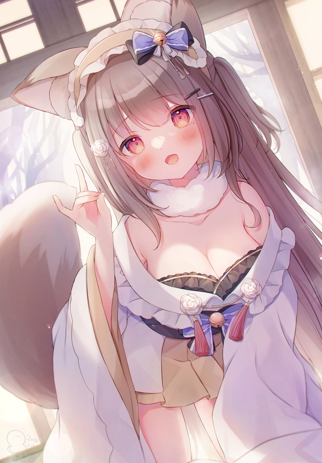 animal_ears japanese_clothes kitsune no_bra omochi_monaka open_shirt tail