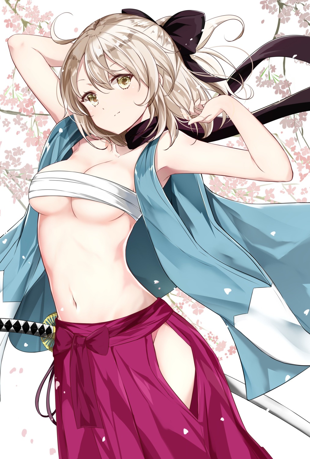 fate/grand_order hamaken japanese_clothes okita_souji_(fate) open_shirt sarashi sword