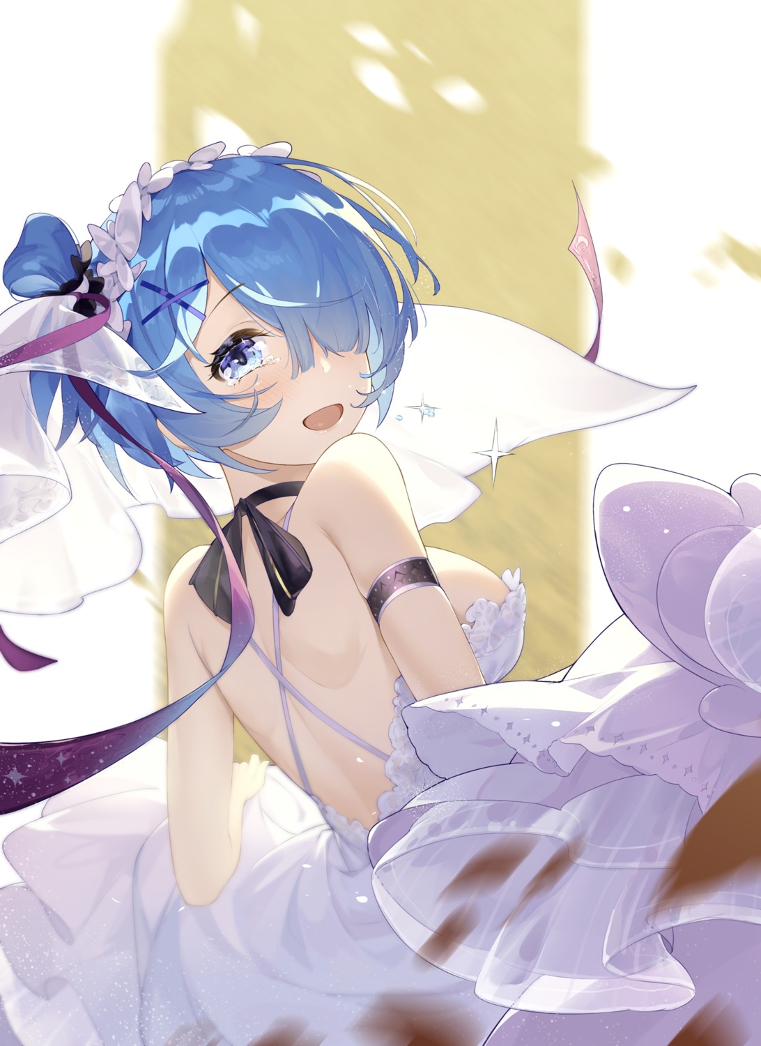 cro_(pixiv14643743) dress no_bra re_zero_kara_hajimeru_isekai_seikatsu rem_(re_zero) skirt_lift wedding_dress