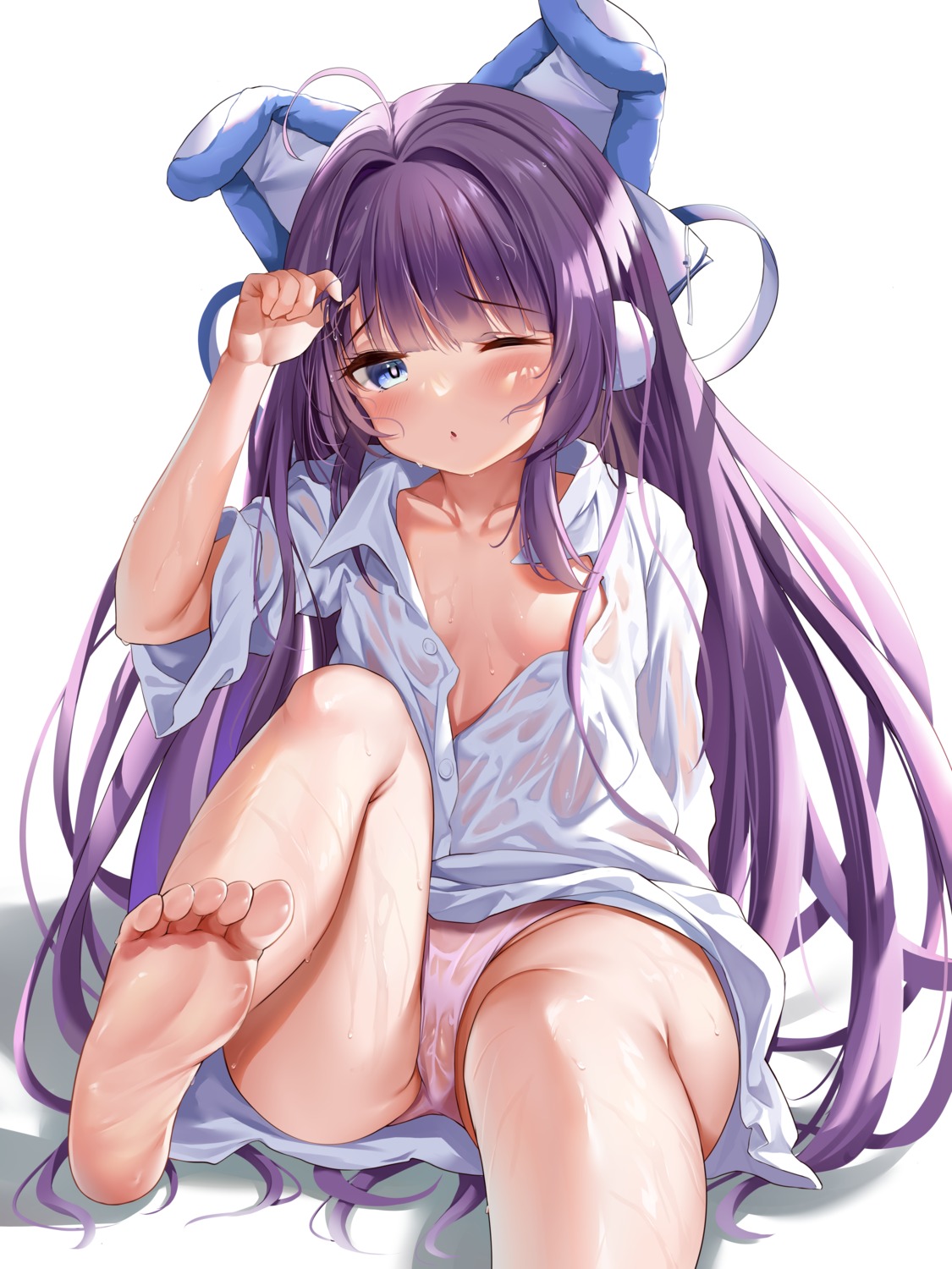 azur_lane cameltoe dress_shirt feet kokuto_(kurousagi1210) no_bra open_shirt pantsu tashkent_(azur_lane) wet wet_clothes