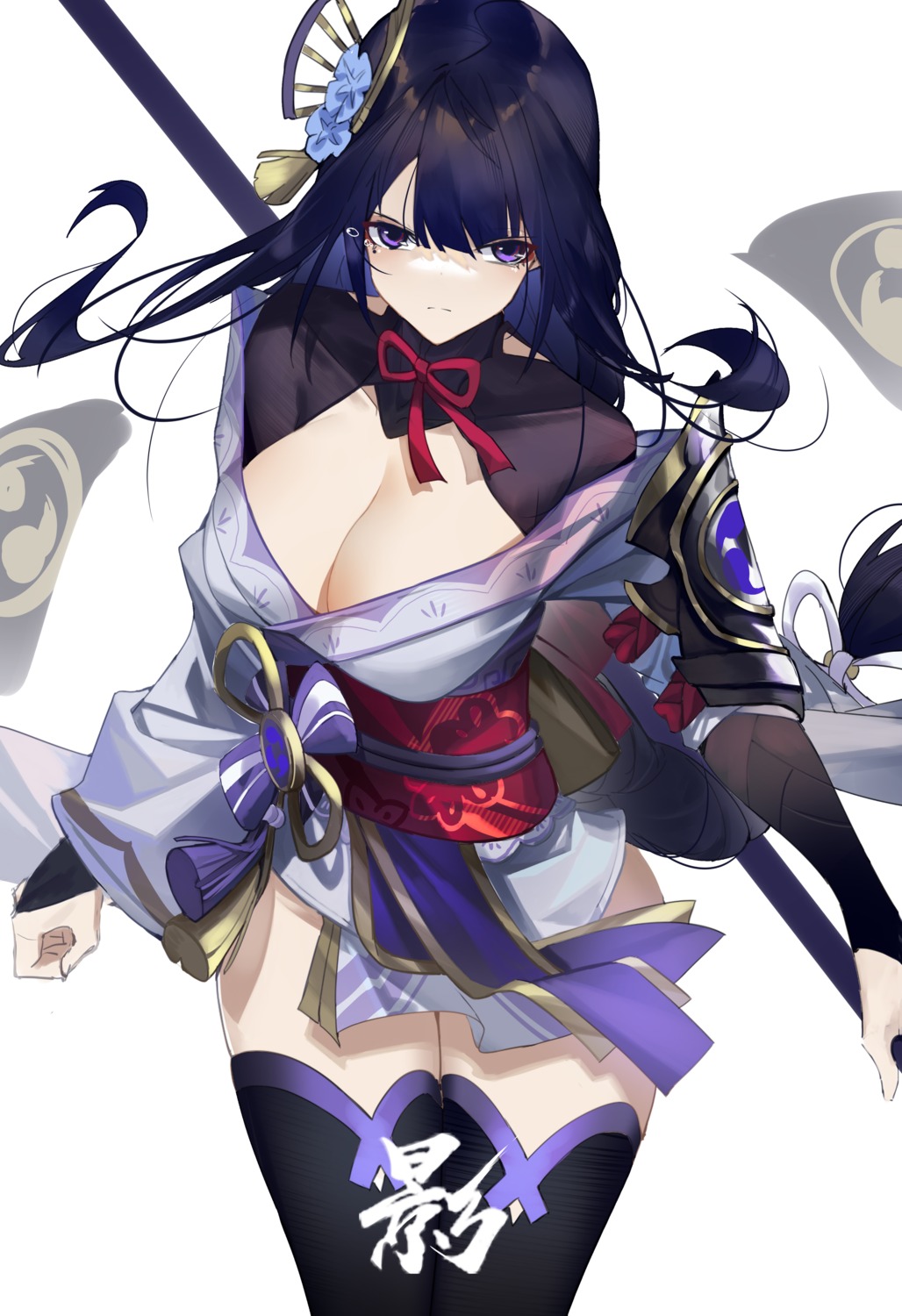 genshin_impact japanese_clothes no_bra open_shirt qtian raiden_shogun thighhighs weapon