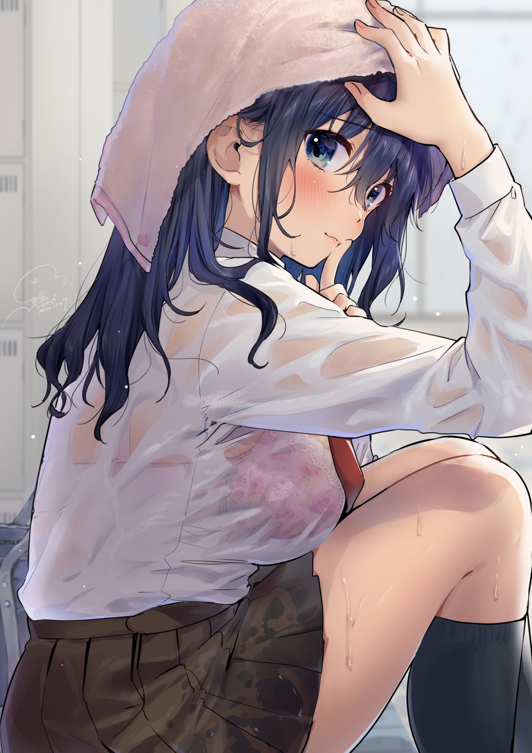 bra geshumaro see_through seifuku skirt_lift wet wet_clothes