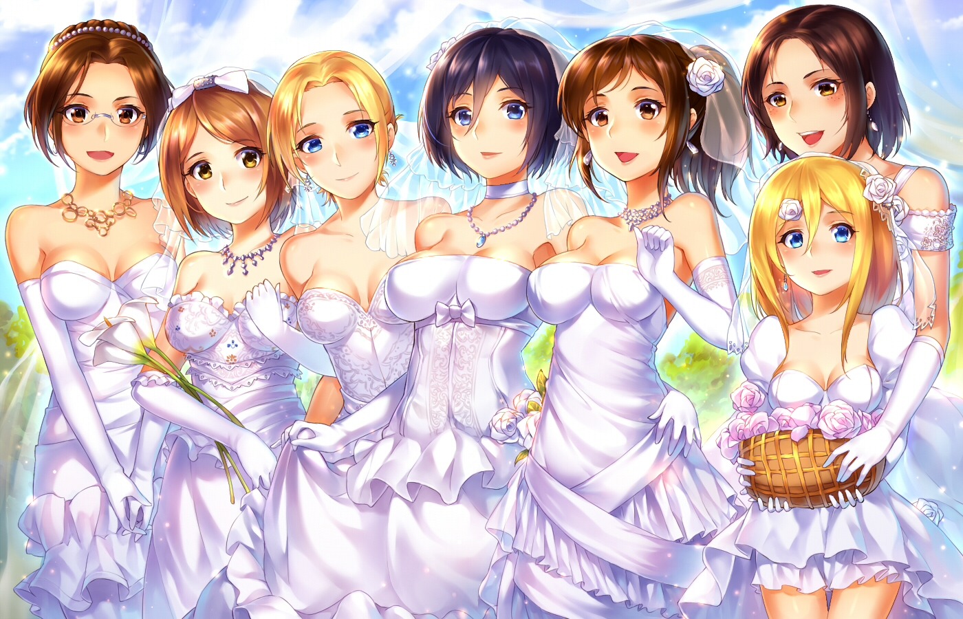 annie_leonhardt christa_lenz cleavage dress hanji_zoe megane mikasa_ackerman petra_ral sasha_browse shingeki_no_kyojin suika01 wedding_dress ymir_(shingeki_no_kyojin)