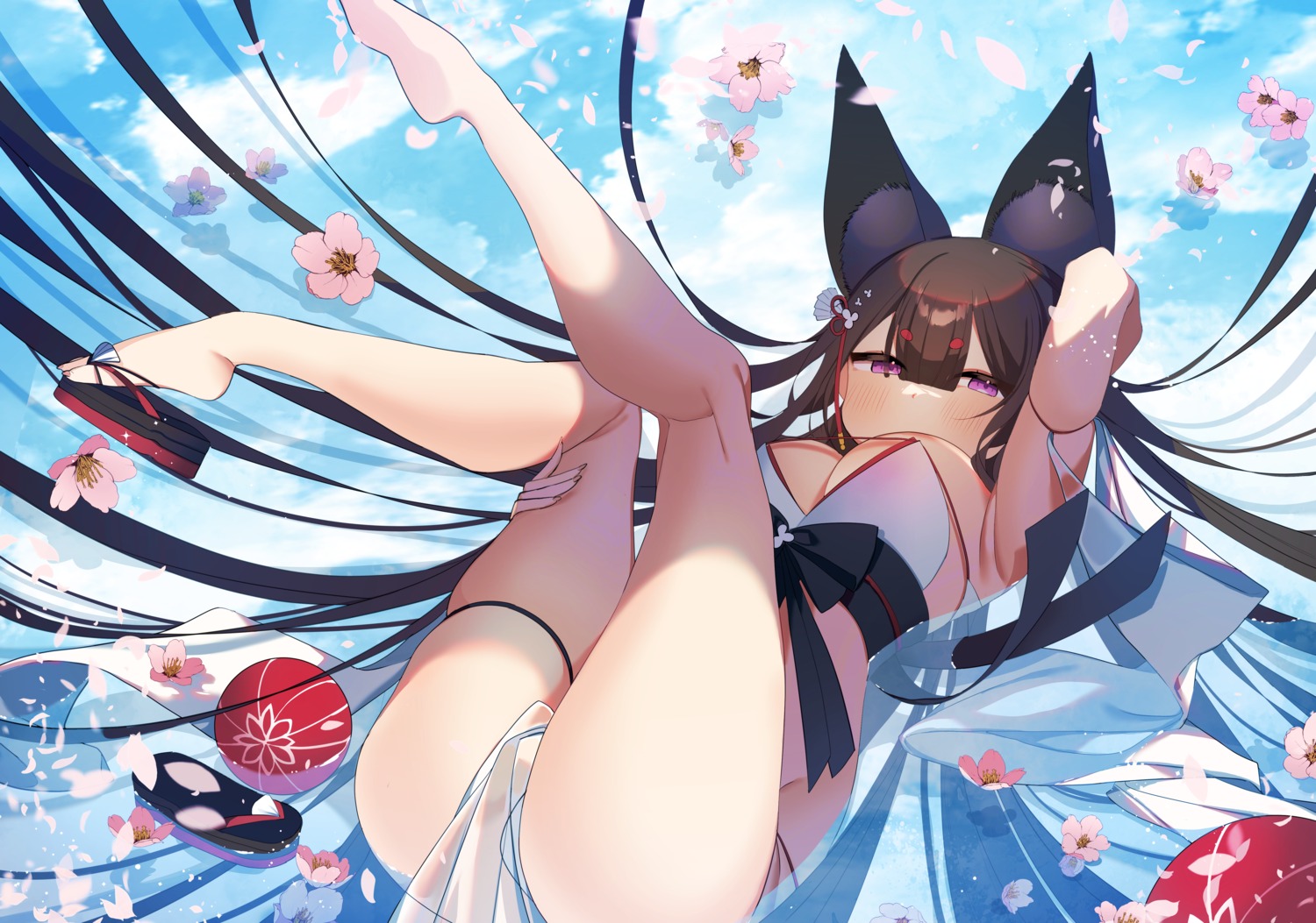 amagi_(azur_lane) animal_ears azur_lane kitsune myao_(o3o333) no_bra pantsu see_through thighhighs thong