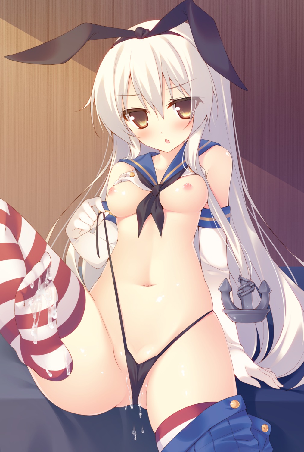 breasts cameltoe cum kantai_collection loli miko_92 nipples no_bra pantsu panty_pull pussy_juice shimakaze_(kancolle) shirt_lift string_panties thighhighs thong