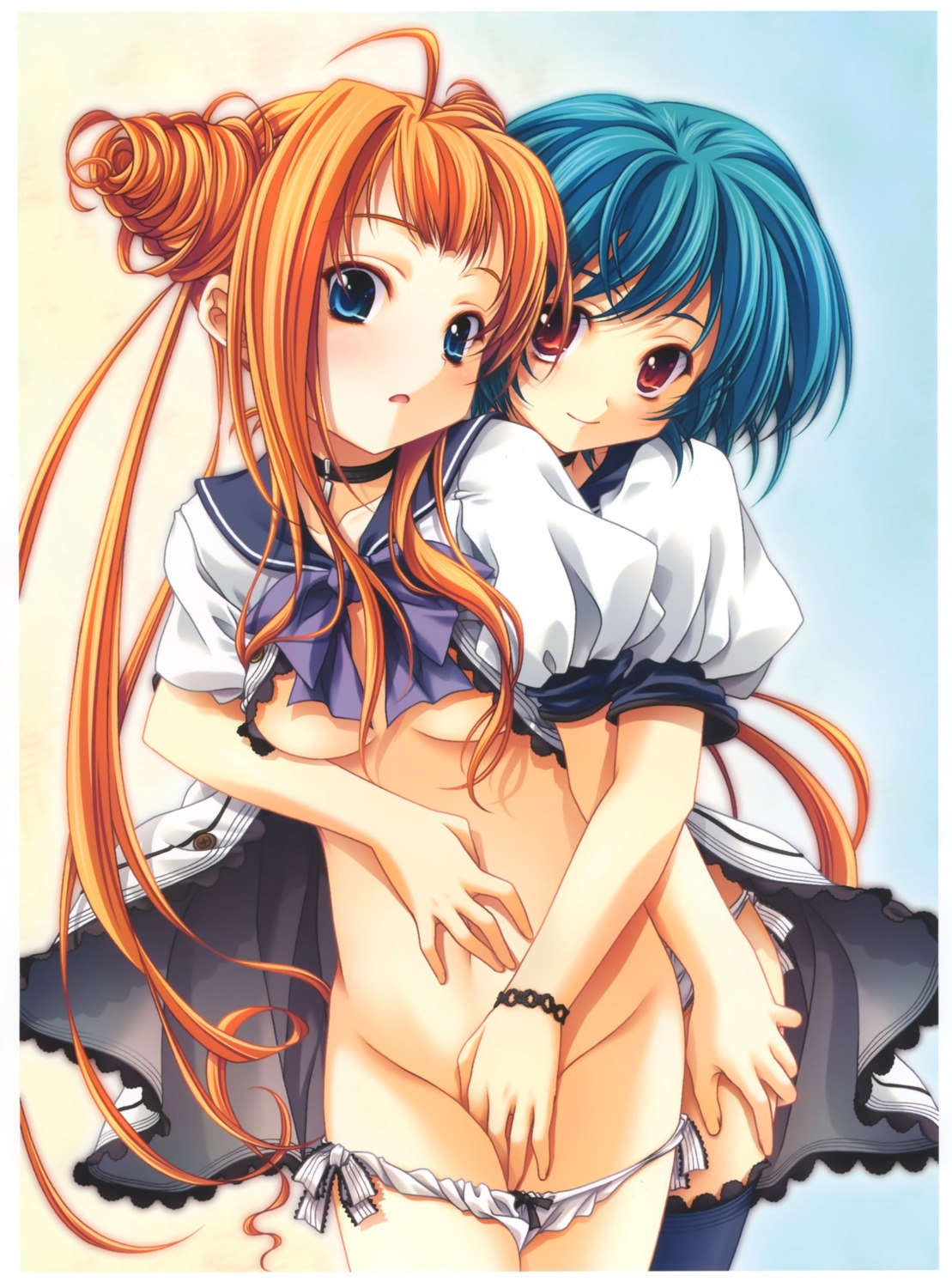 miyama-zero no_bra pantsu panty_pull string_panties underboob yuri