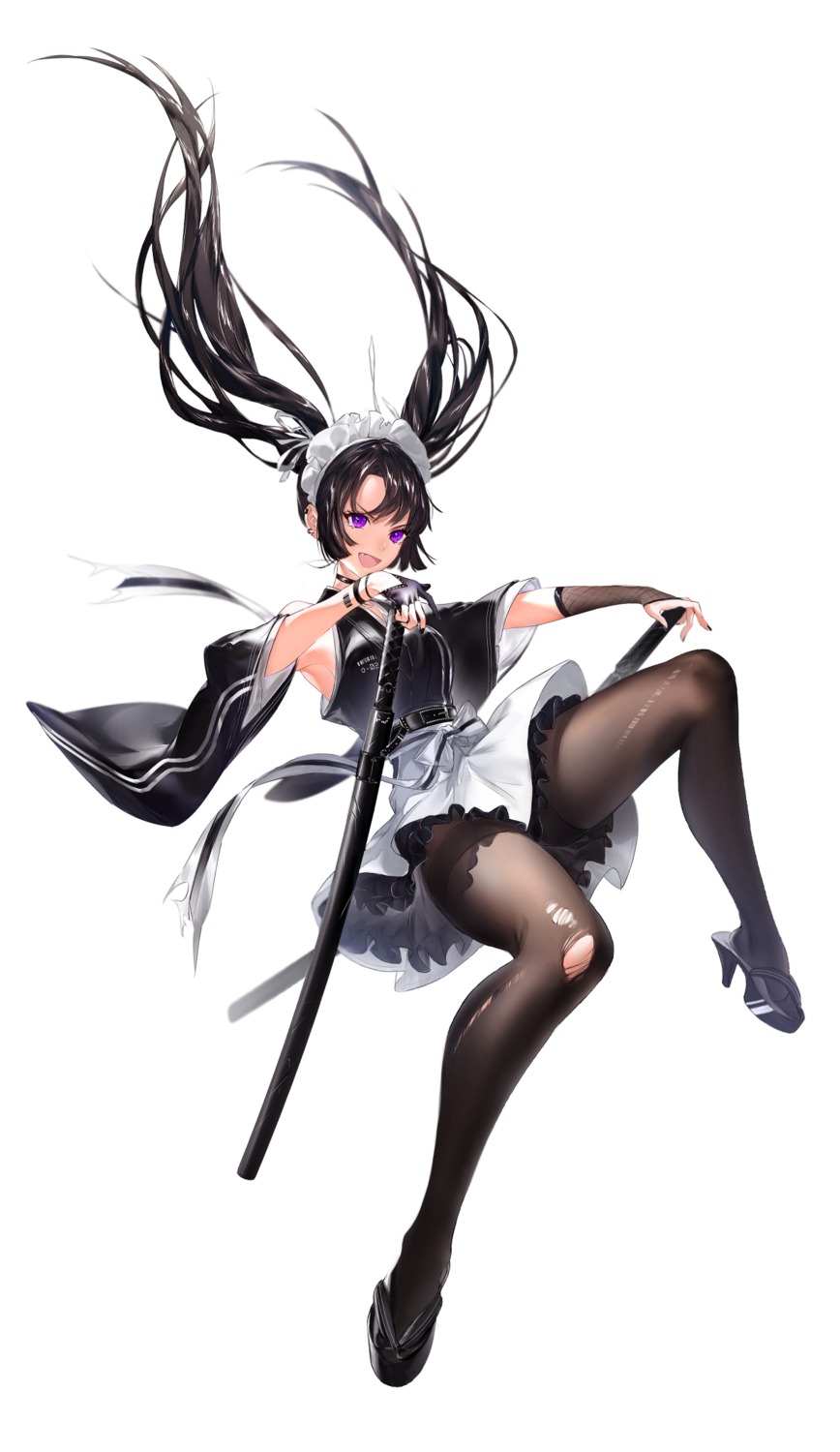 heels hoojiro maid pantyhose sword torn_clothes