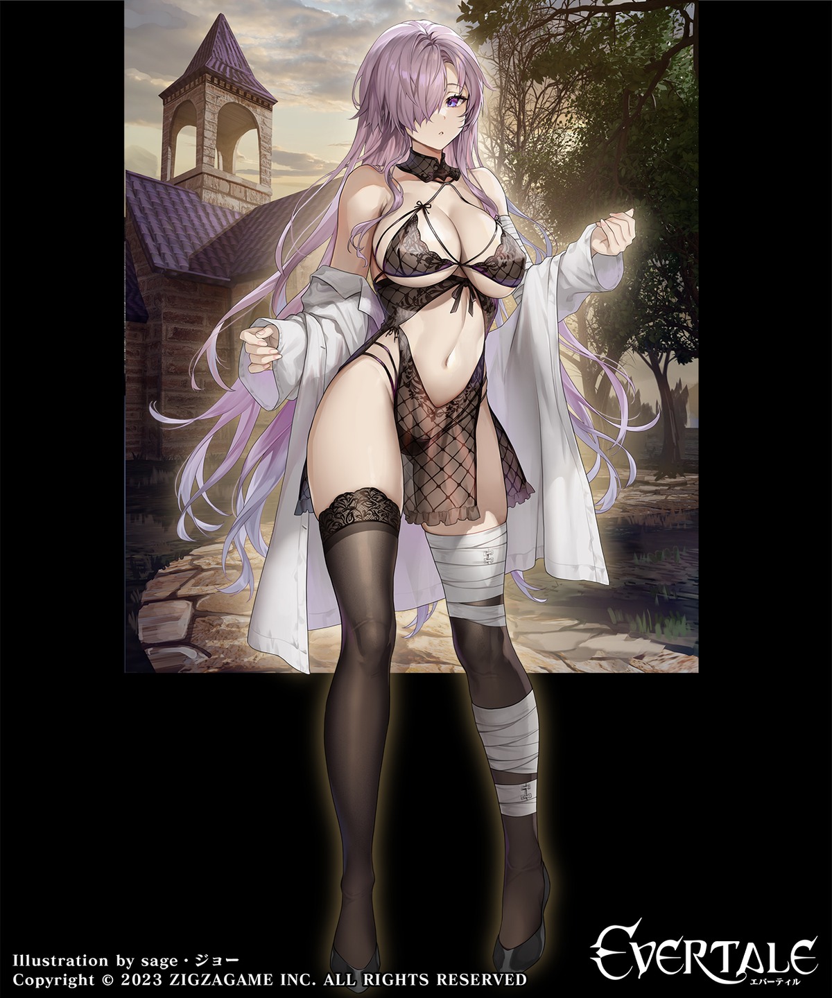 bandages erect_nipples evertale no_bra pantsu sage_joh see_through thighhighs