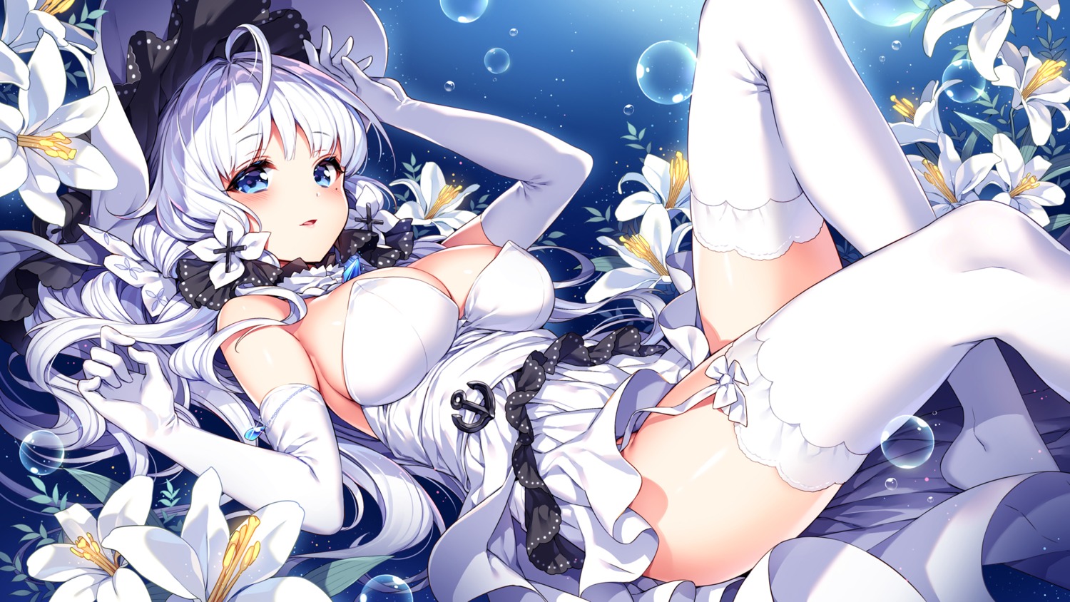 azur_lane cleavage illustrious_(azur_lane) nardack stockings thighhighs wallpaper