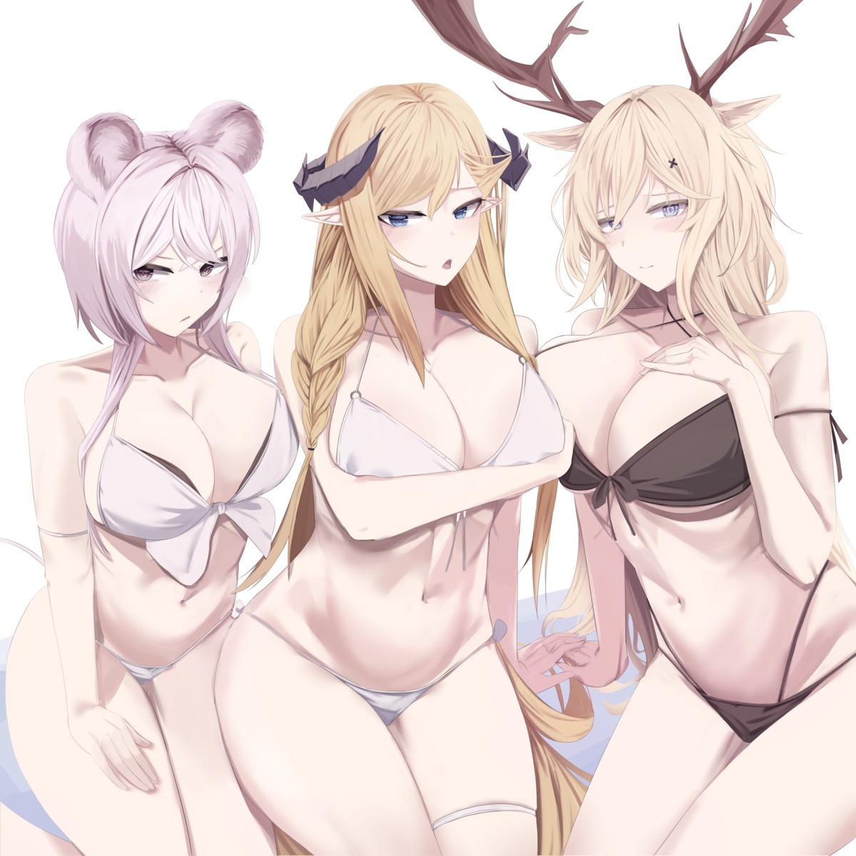 animal_ears arknights bikini dkzksp garter horns lin_yuhsia_(arknights) pointy_ears saileach_(arknights) swimsuits viviana_droste