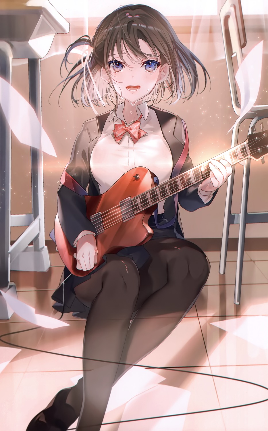 guitar miwano_ragu pantyhose sanshoku_nattou_meshi seifuku