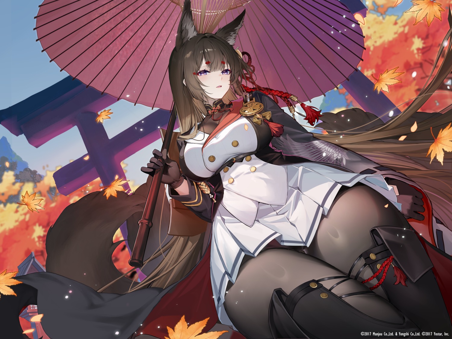 amagi_(azur_lane) animal_ears azur_lane kikimi kitsune pantsu pantyhose skirt_lift tail thighhighs umbrella uniform