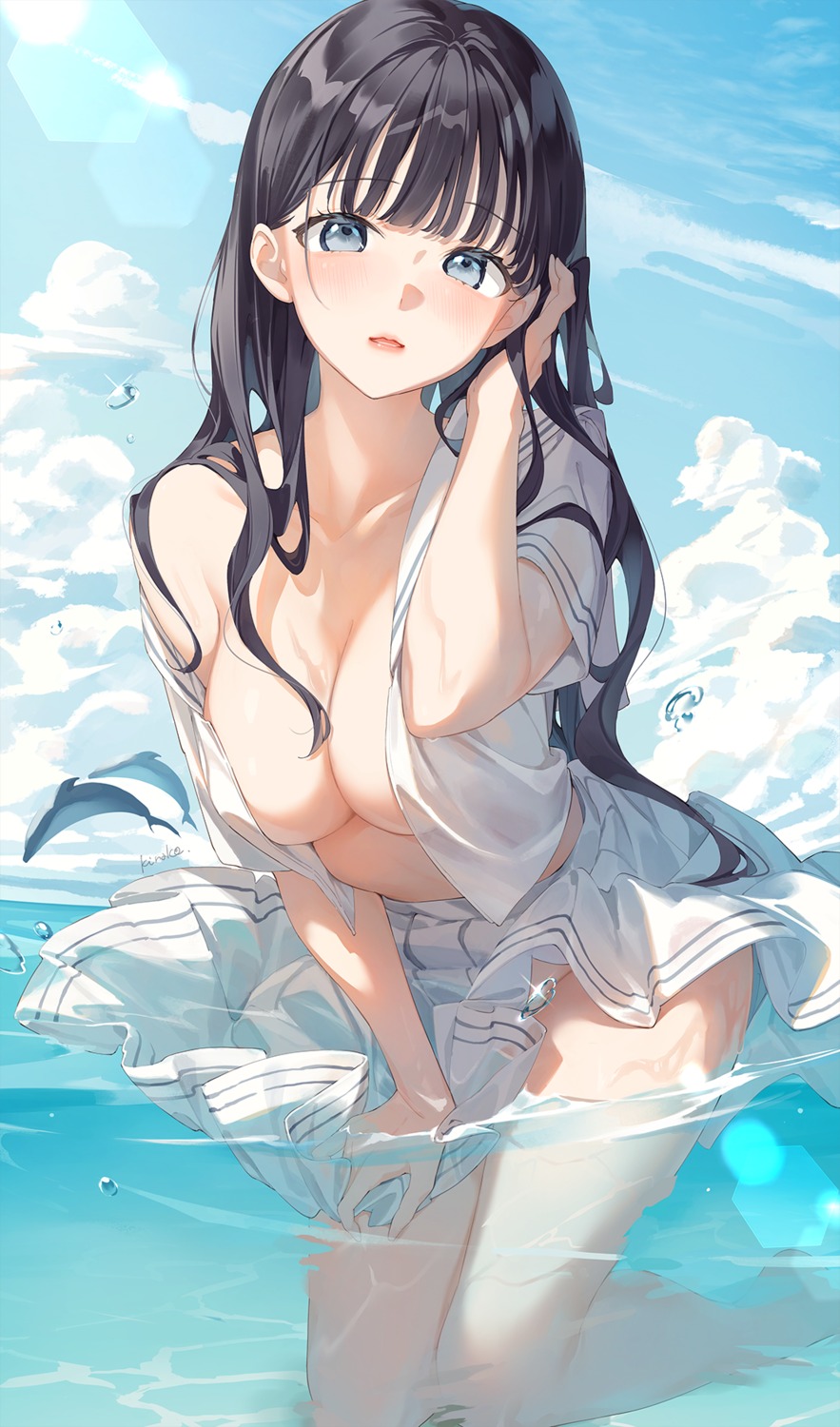 kinako_(shiratama_mochi) no_bra open_shirt see_through seifuku wet wet_clothes