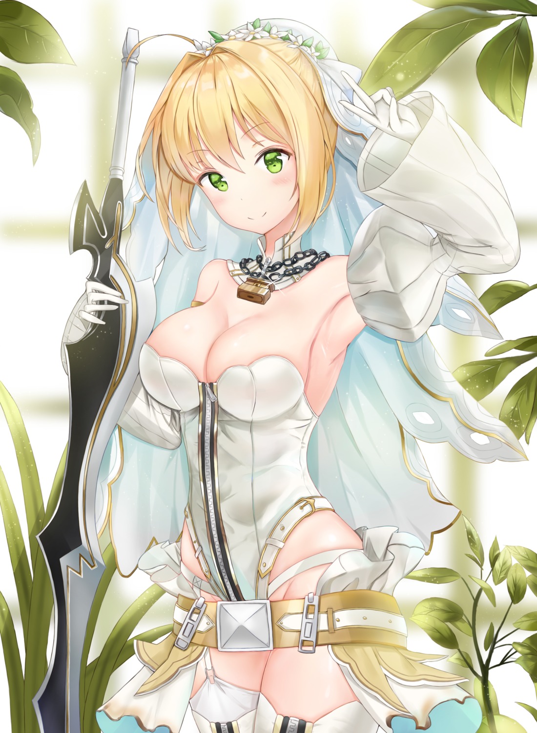 cleavage fate/grand_order kitin leotard saber_bride saber_extra stockings sword thighhighs