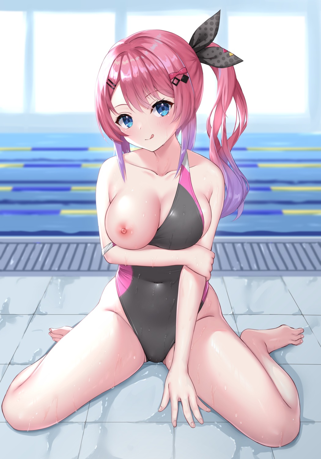 breasts kuramochi_meruto ncontrail_(mgax7527) nijisanji nipples swimsuits wet