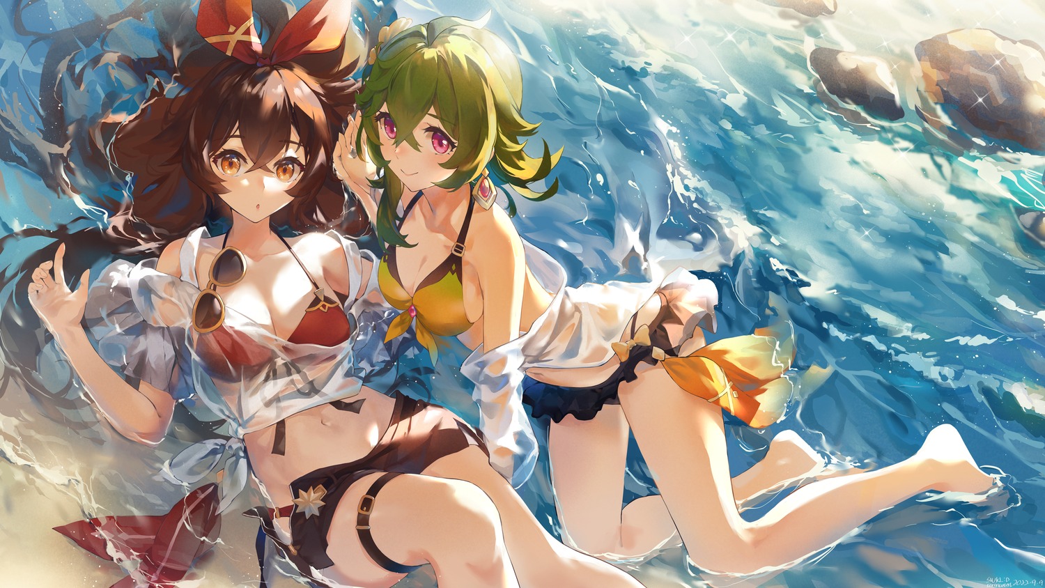 amber_(genshin_impact) bikini collei garter genshin_impact megane open_shirt see_through swimsuits swkl:d wet wet_clothes