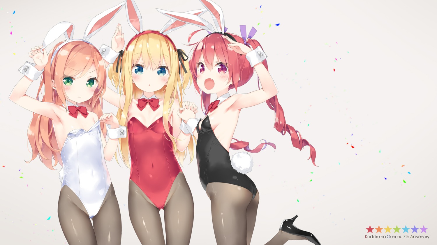 animal_ears ass bunny_ears bunny_girl cleavage hazuki_watora heels kani_biimu loli minazuki_sarami no_bra pantyhose shimotsuki_potofu tail undressing wallpaper