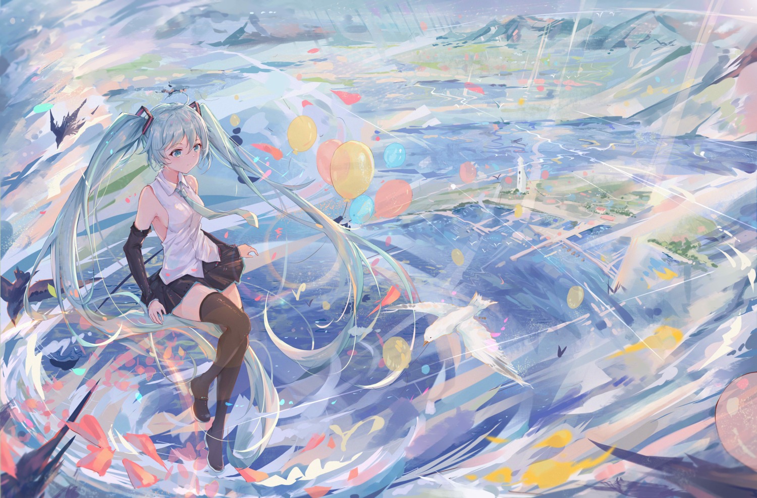 hatsune_miku landscape no_bra skirt_lift thighhighs vocaloid yajuu