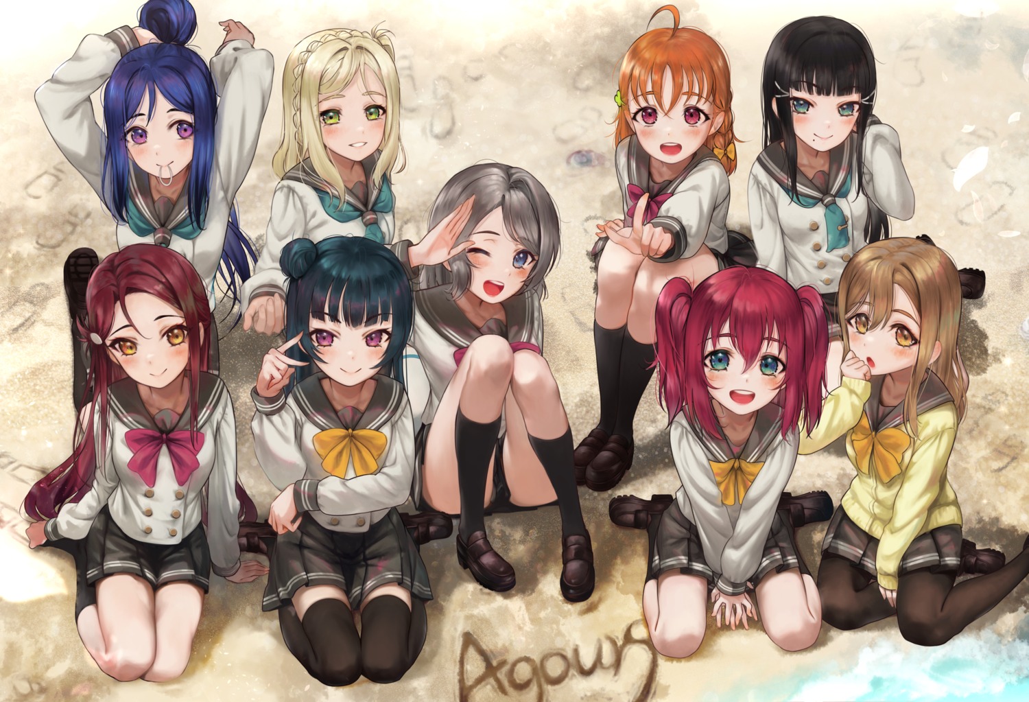 kunikida_hanamaru kurosawa_dia kurosawa_ruby love_live!_sunshine!! matsuura_kanan ohara_mari pantsu pantyhose sakurauchi_riko seifuku skirt_lift sweater takami_chika thighhighs torriet tsushima_yoshiko watanabe_you