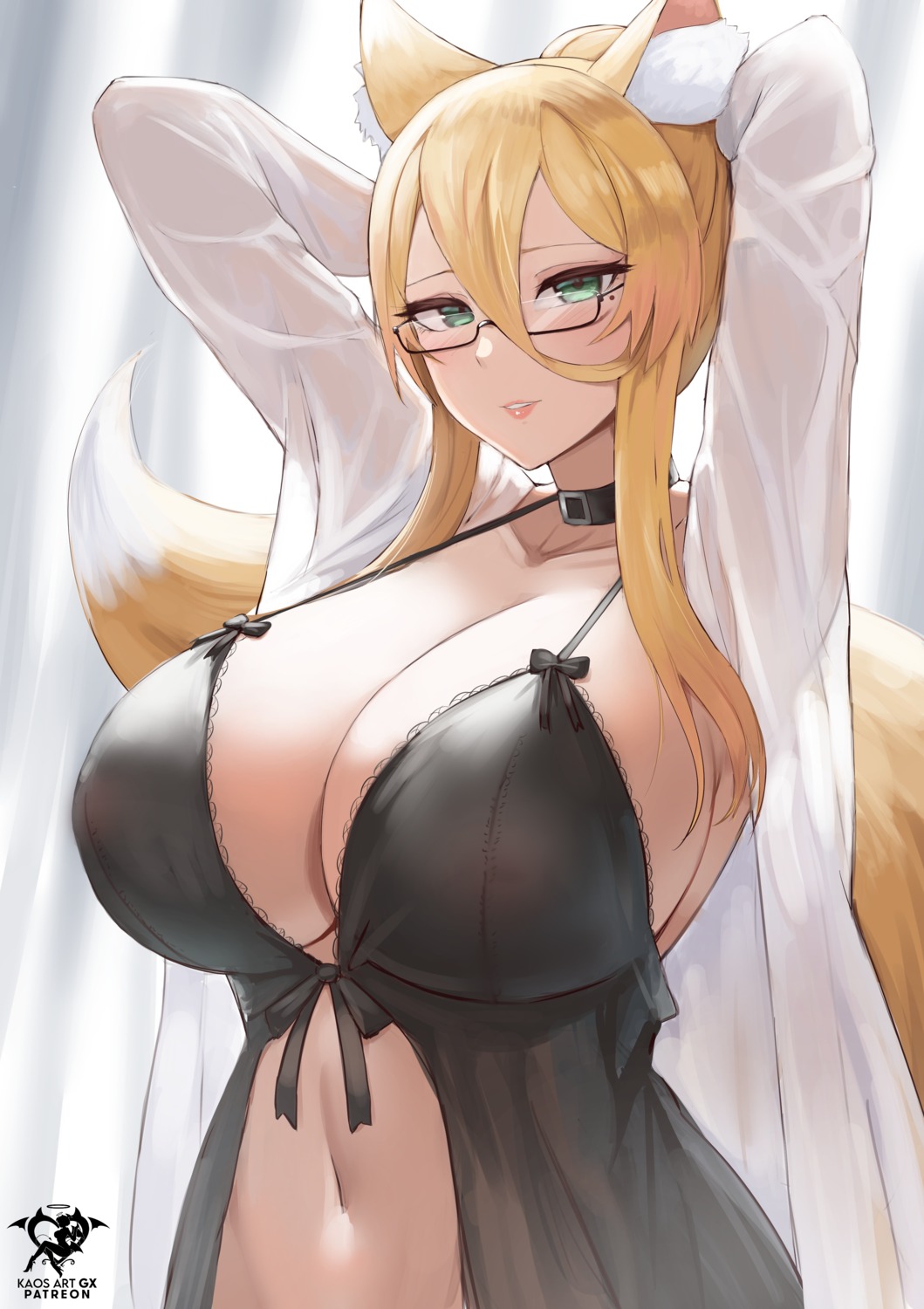 animal_ears cleavage kaos_art kitsune lingerie megane see_through tail