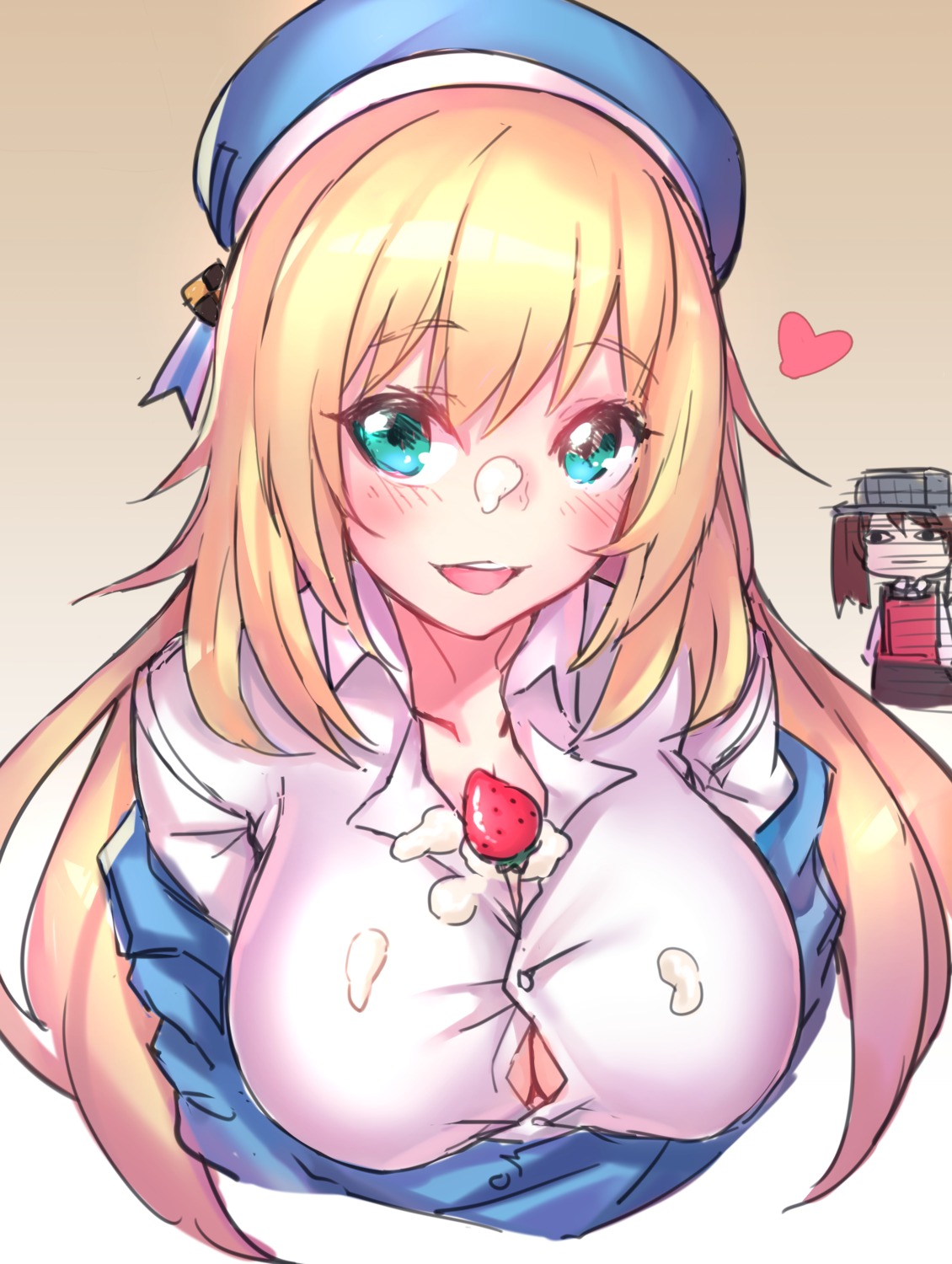 atago_(kancolle) cleavage cream kantai_collection open_shirt ryuujou_(kancolle) shennai_misha