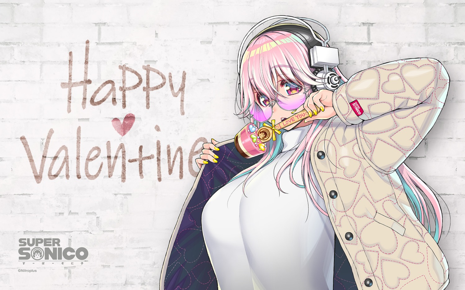 headphones megane nitroplus sonico super_sonico sweater tsuji_santa valentine wallpaper