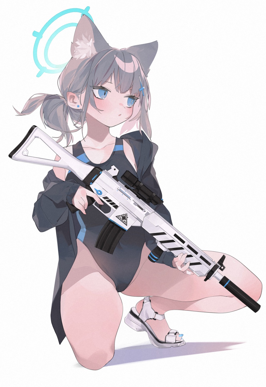 animal_ears blue_archive gun halo nekomimi rippootai sunaookami_shiroko swimsuits