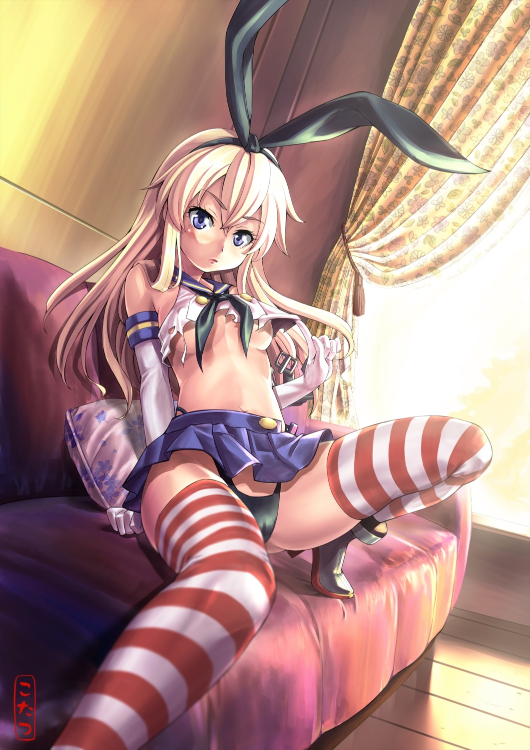 cameltoe heels kantai_collection kotatsu_(kotatsu358) no_bra pantsu seifuku shimakaze_(kancolle) skirt_lift thighhighs thong torn_clothes