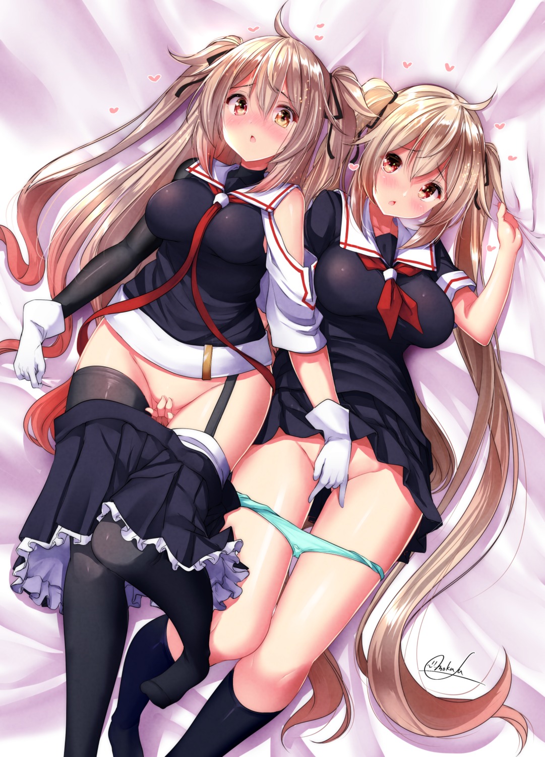 kantai_collection mokufuu murasame_(kancolle) pantsu panty_pull seifuku skirt_lift stockings thighhighs yuri