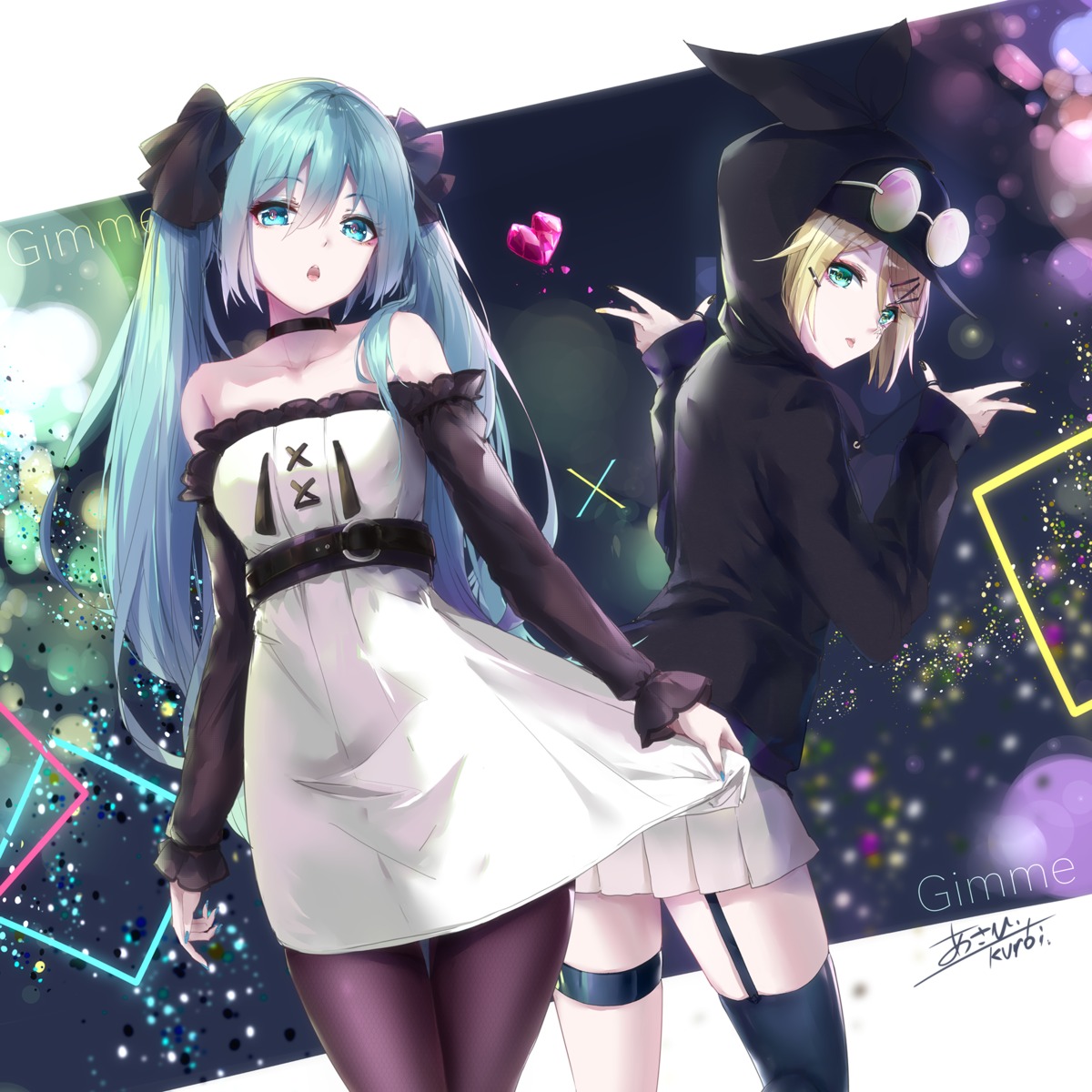 asahi_kuroi dress garter hatsune_miku kagamine_rin megane pantyhose stockings thighhighs vocaloid