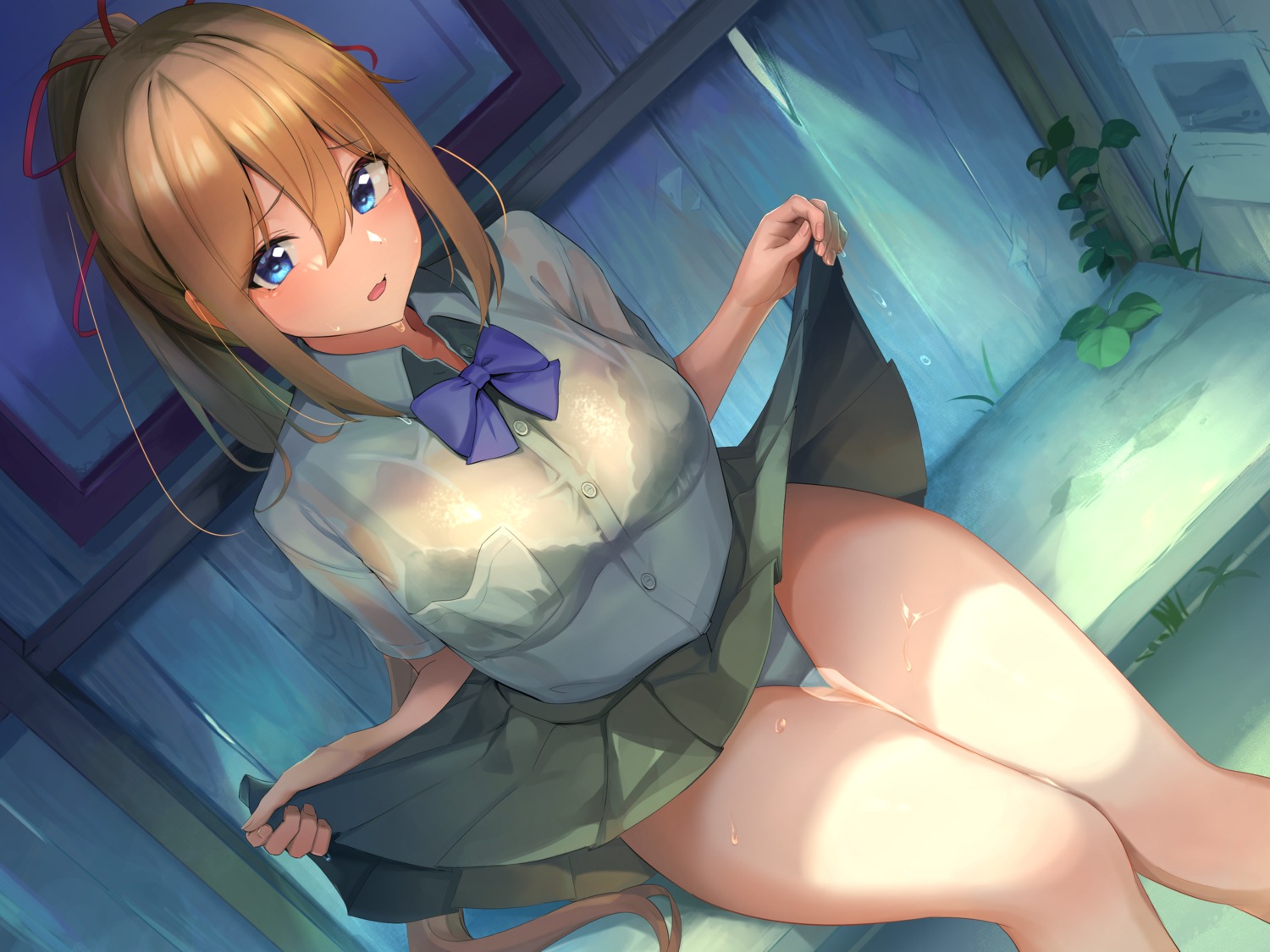 bra maeshimashi pantsu see_through seifuku skirt_lift wet wet_clothes