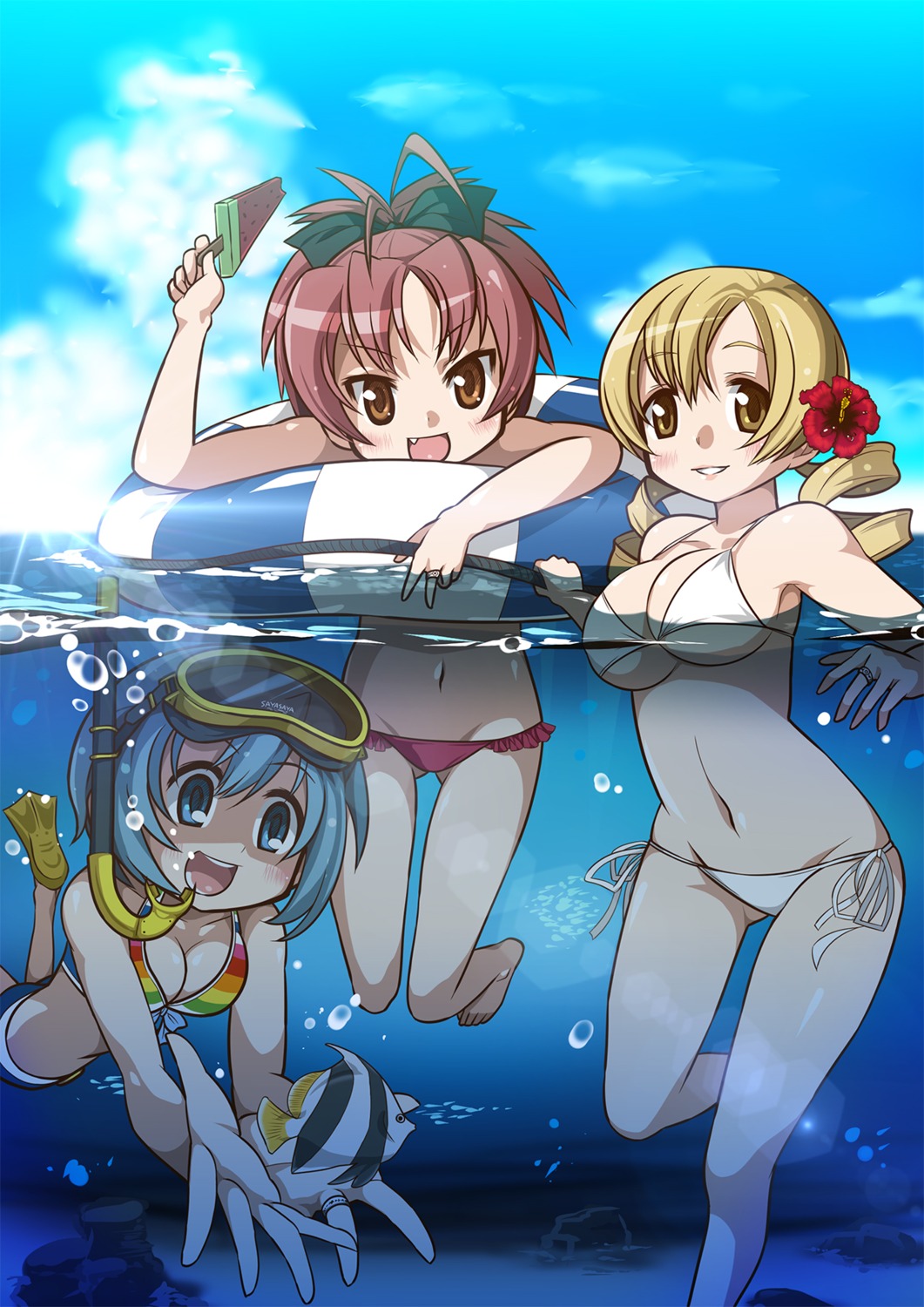 bikini cleavage kuro_chairo_no_neko mahou_shoujo_madoka_magica miki_sayaka sakura_kyouko swimsuits tomoe_mami wet