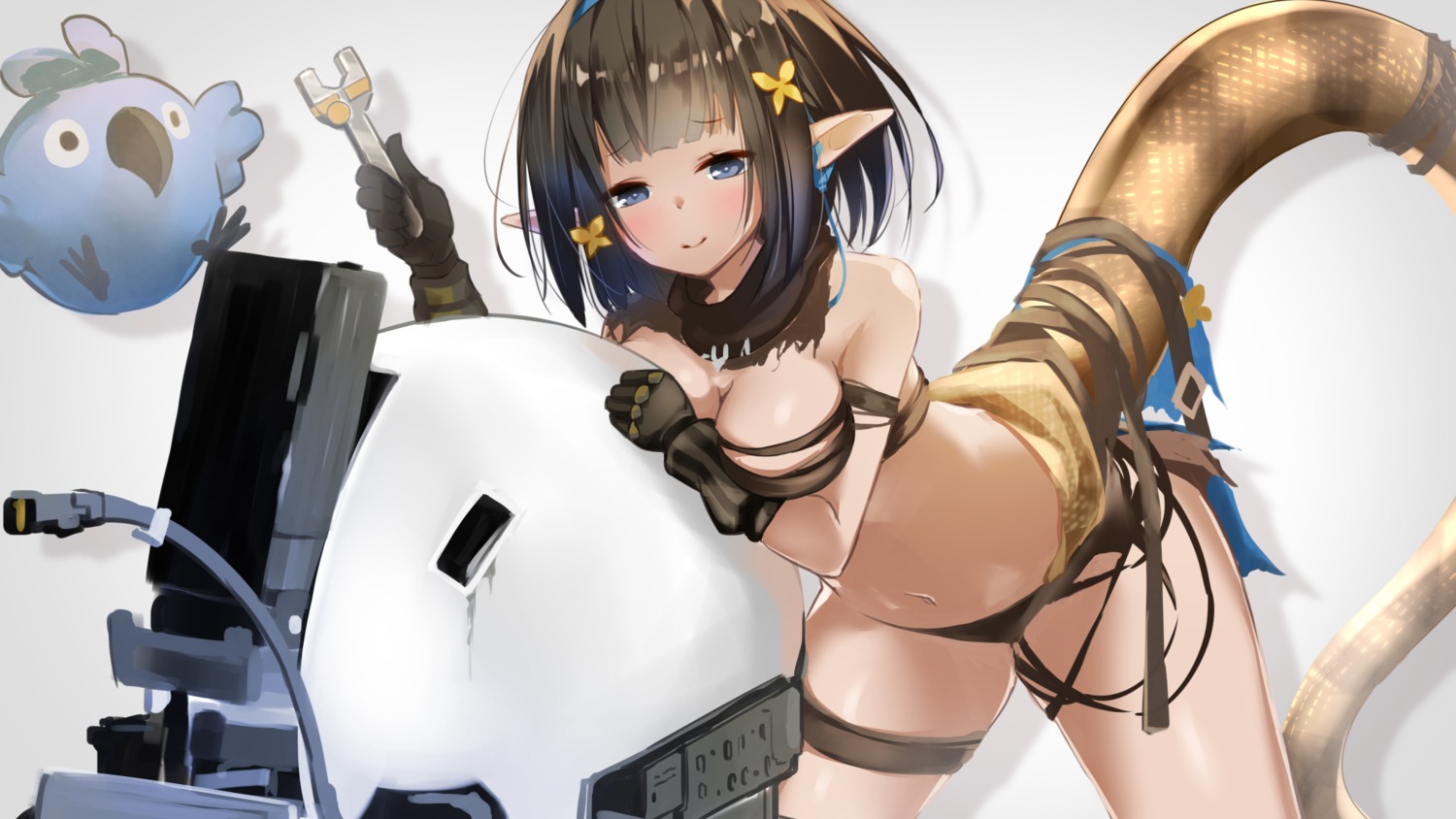 arknights eunectes_(arknights) garter hellnyaa no_bra pantsu pointy_ears tail torn_clothes