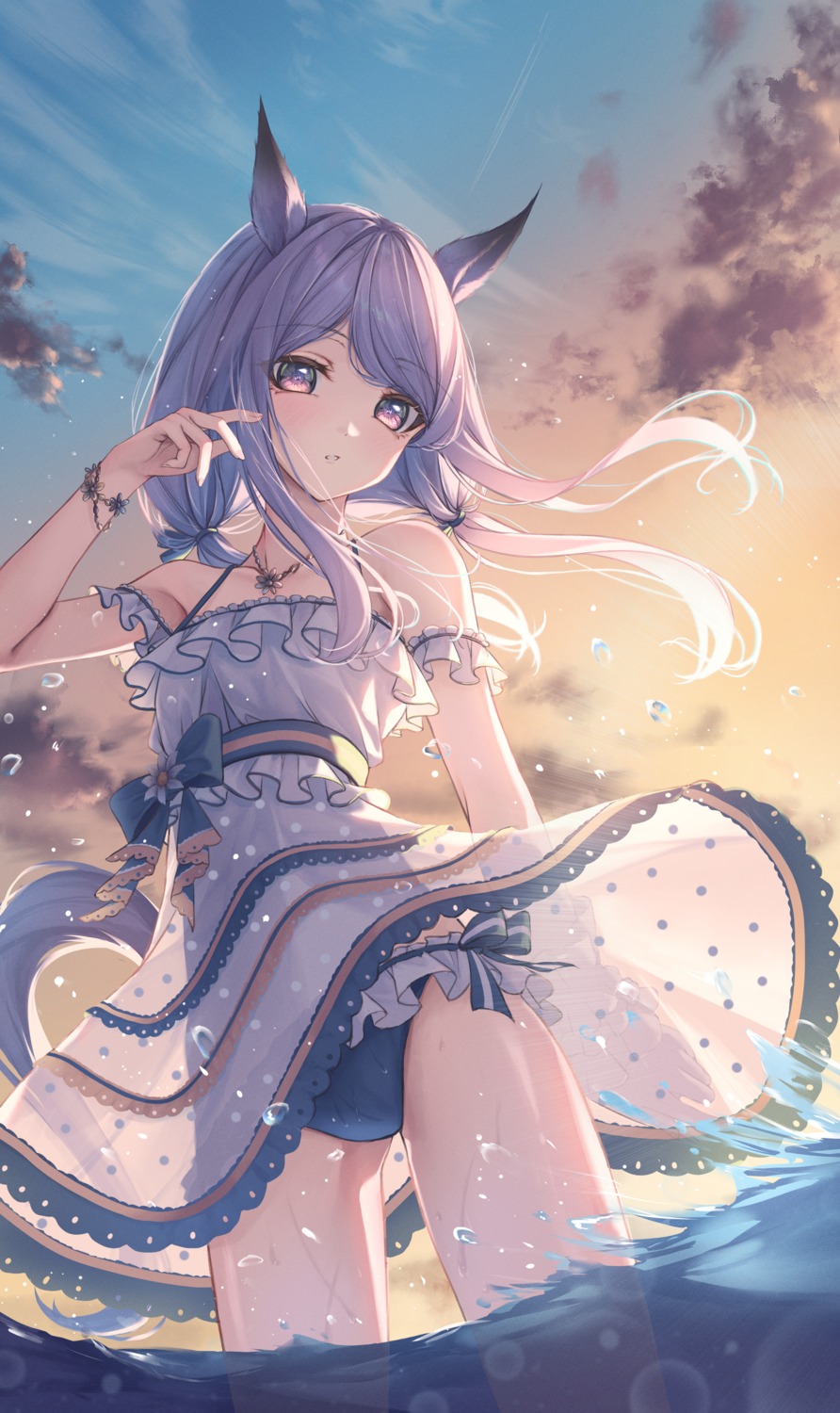 amane_utata animal_ears bikini dress mejiro_mcqueen_(umamusume) see_through skirt_lift summer_dress swimsuits tail uma_musume_pretty_derby wet