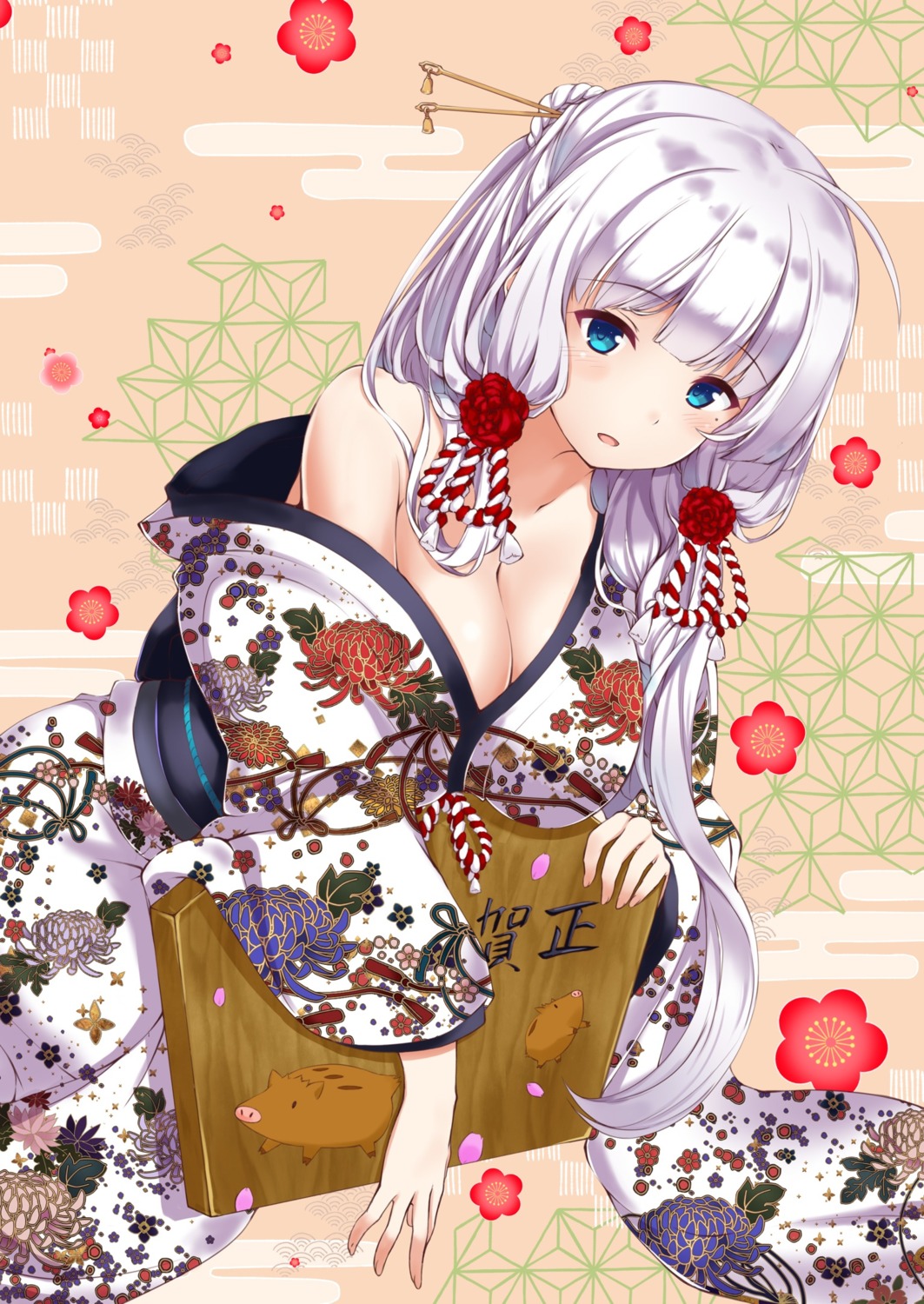 azur_lane cleavage illustrious_(azur_lane) kimono mamizu no_bra open_shirt wardrobe_malfunction