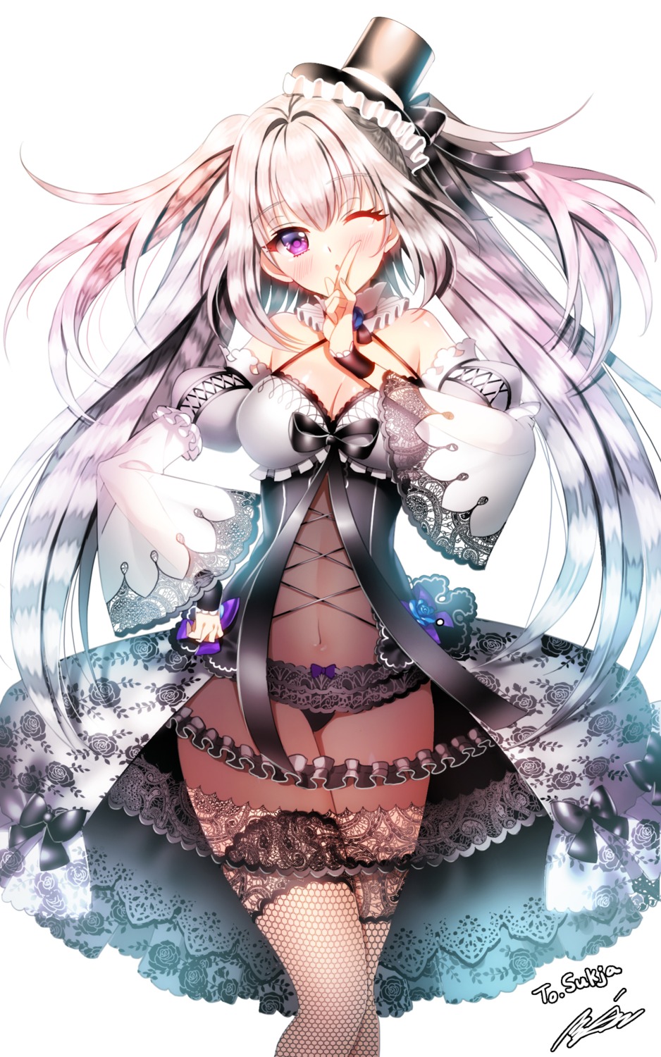 aile_(crossroads) cleavage dress fishnets pantsu see_through thighhighs