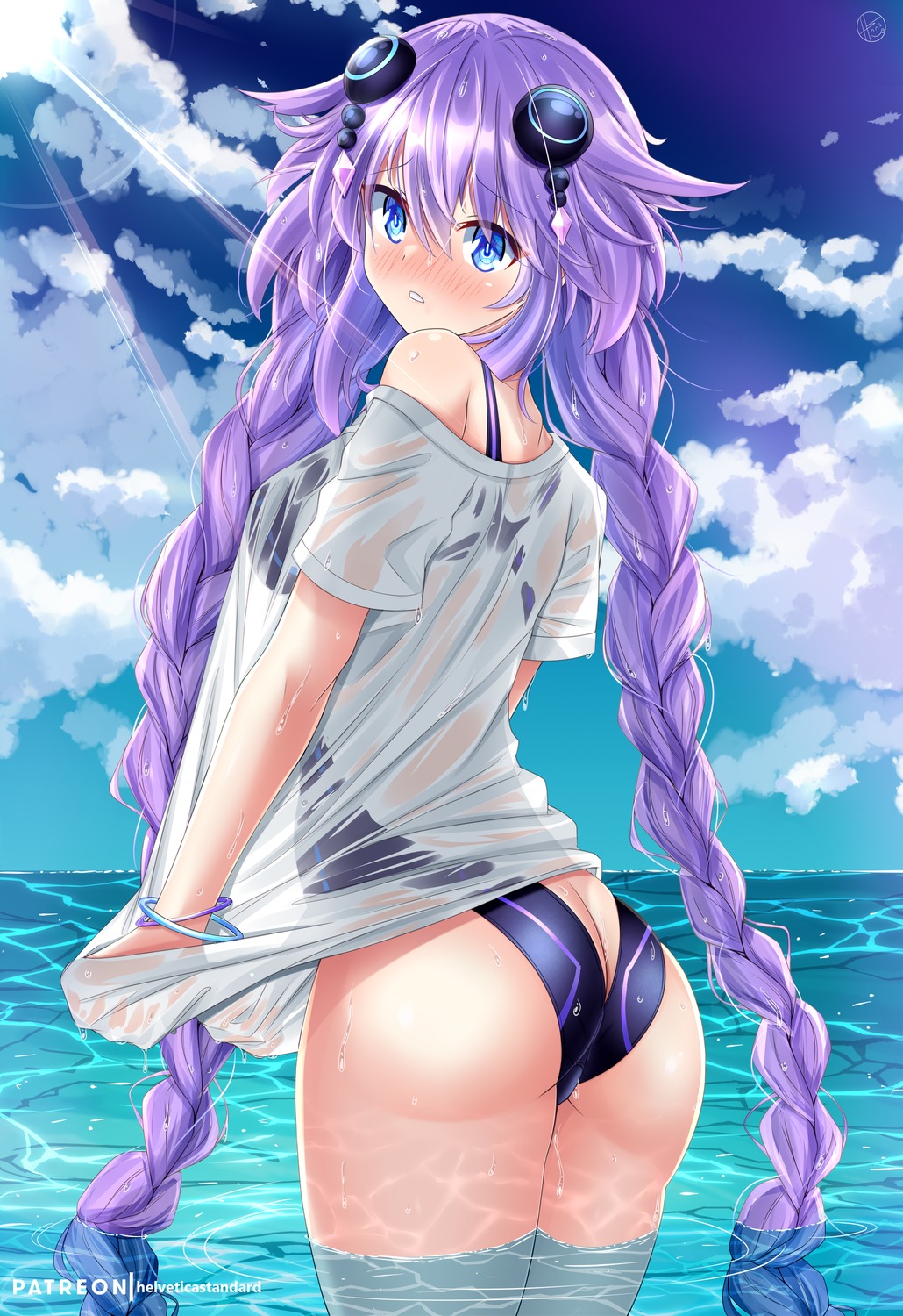 ass choujigen_game_neptune helvetica_5tandard purple_heart see_through swimsuits wet wet_clothes