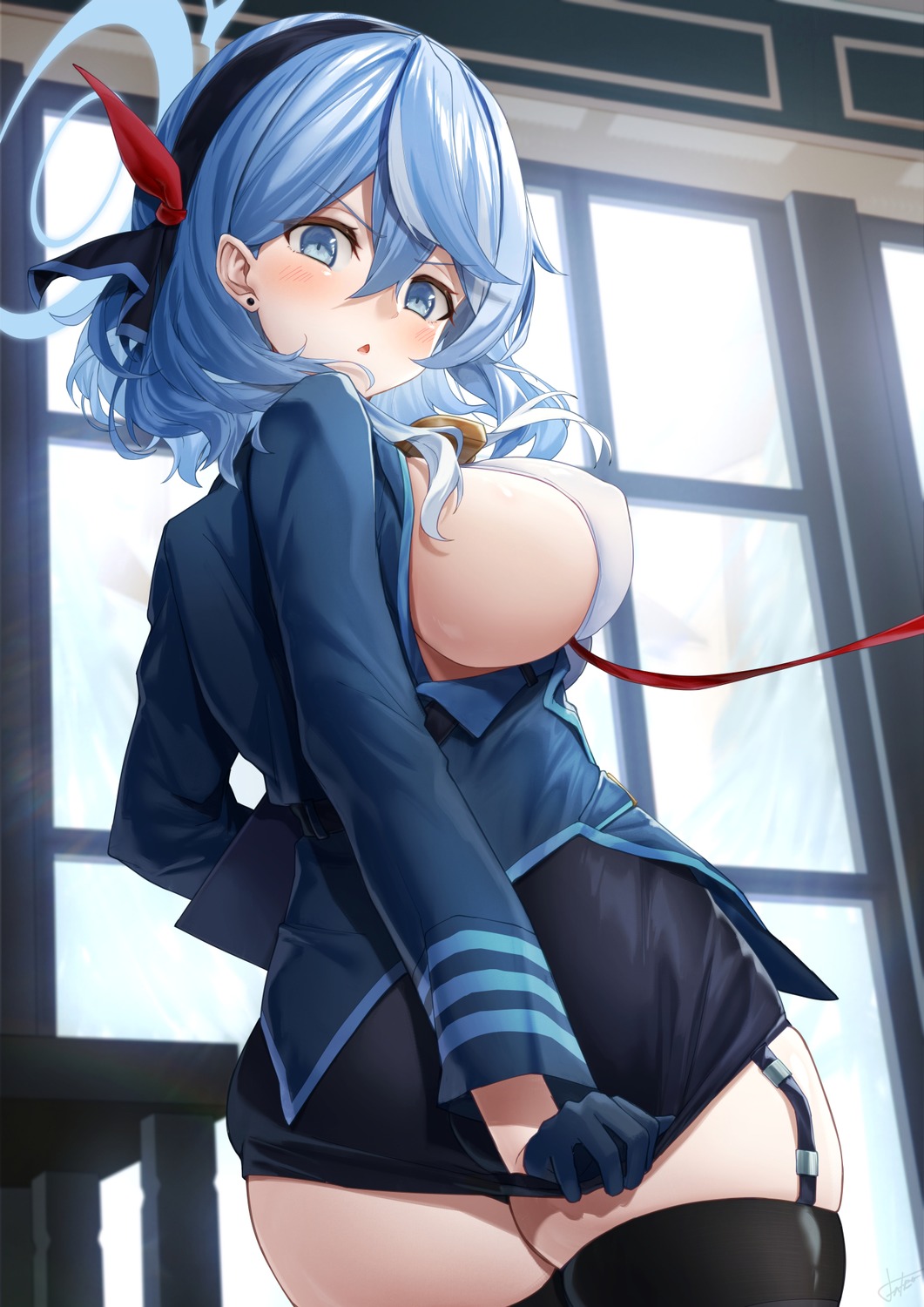 amau_ako blue_archive erect_nipples halo no_bra stockings thighhighs uniform xfate