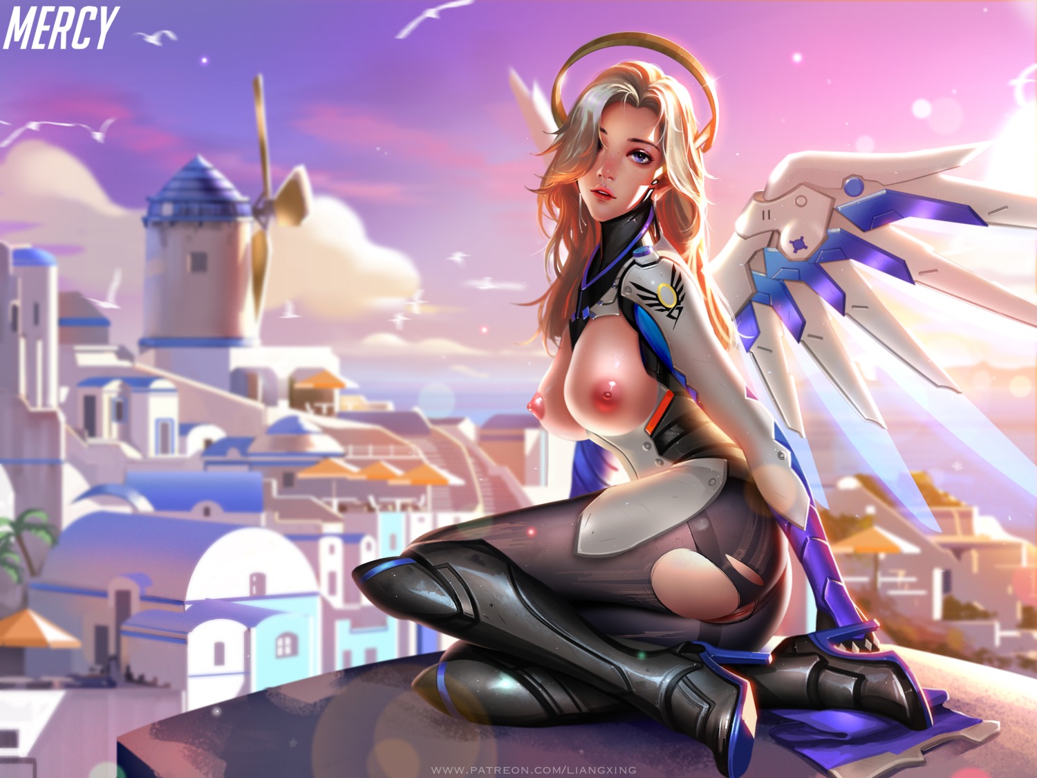 ass bodysuit breasts heels liang_xing mercy_(overwatch) nipples no_bra nopan overwatch pussy torn_clothes uncensored wings