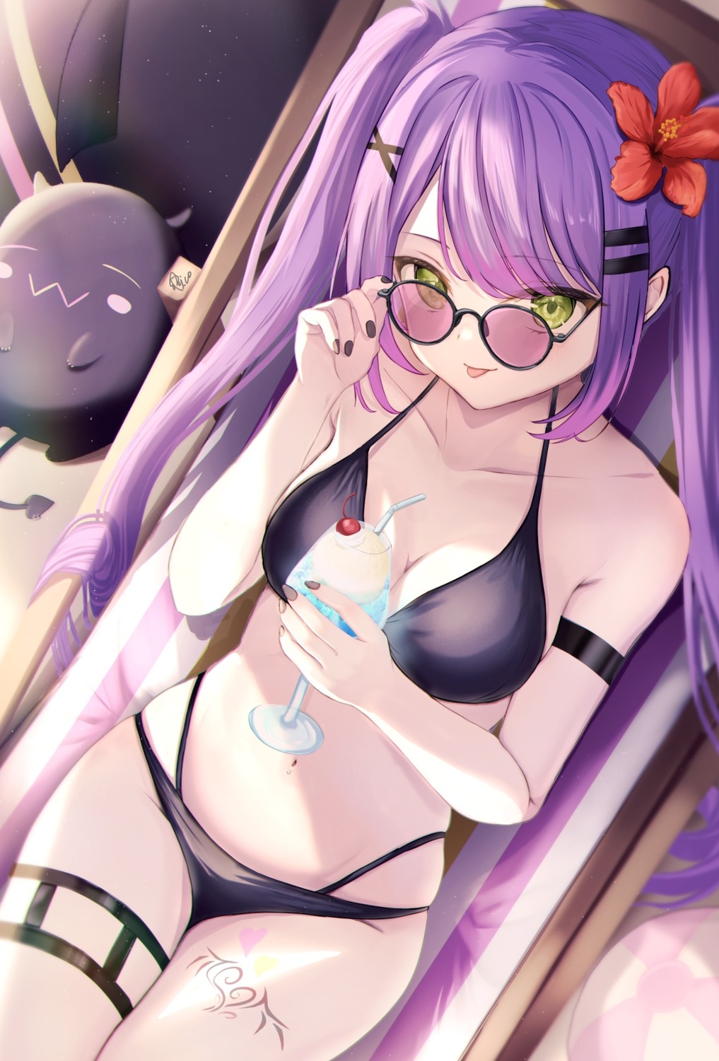 bikini garter hololive megane piccolo_(gvgk8874) pointy_ears swimsuits tattoo tokoyami_towa