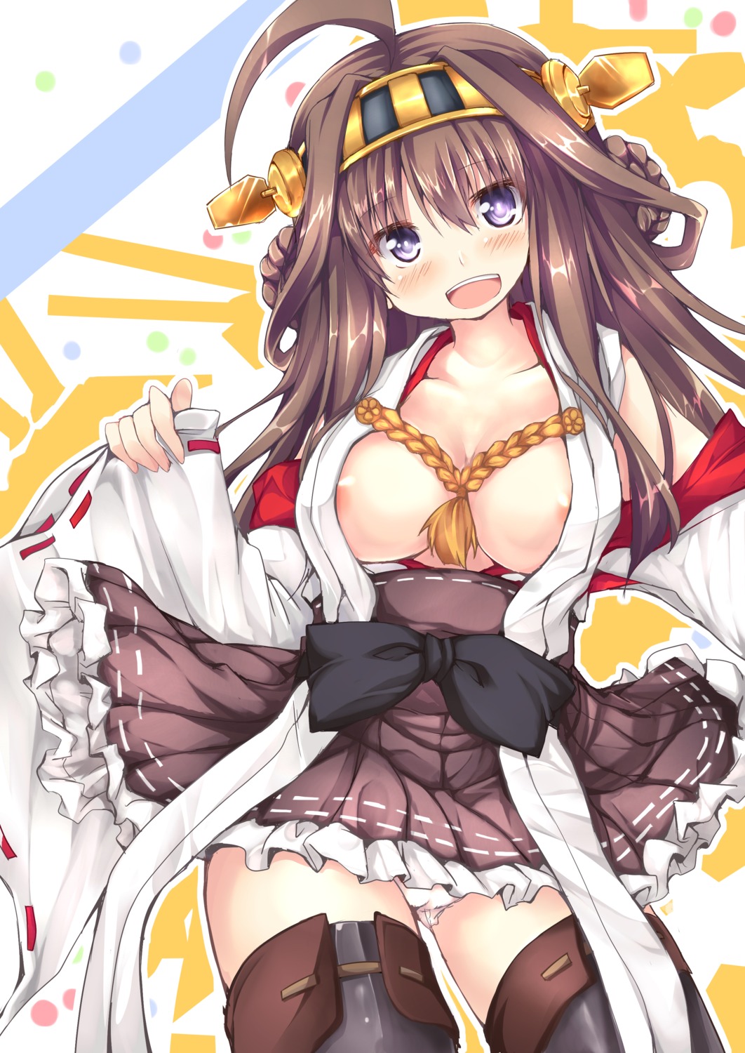 areola cleavage kantai_collection kongou_(kancolle) nanpuu no_bra pantsu thighhighs