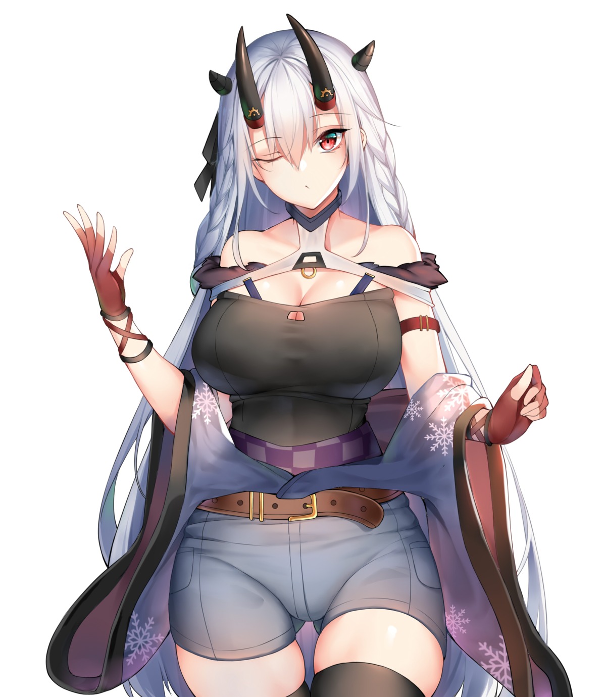 chixiao cleavage horns japanese_clothes thighhighs