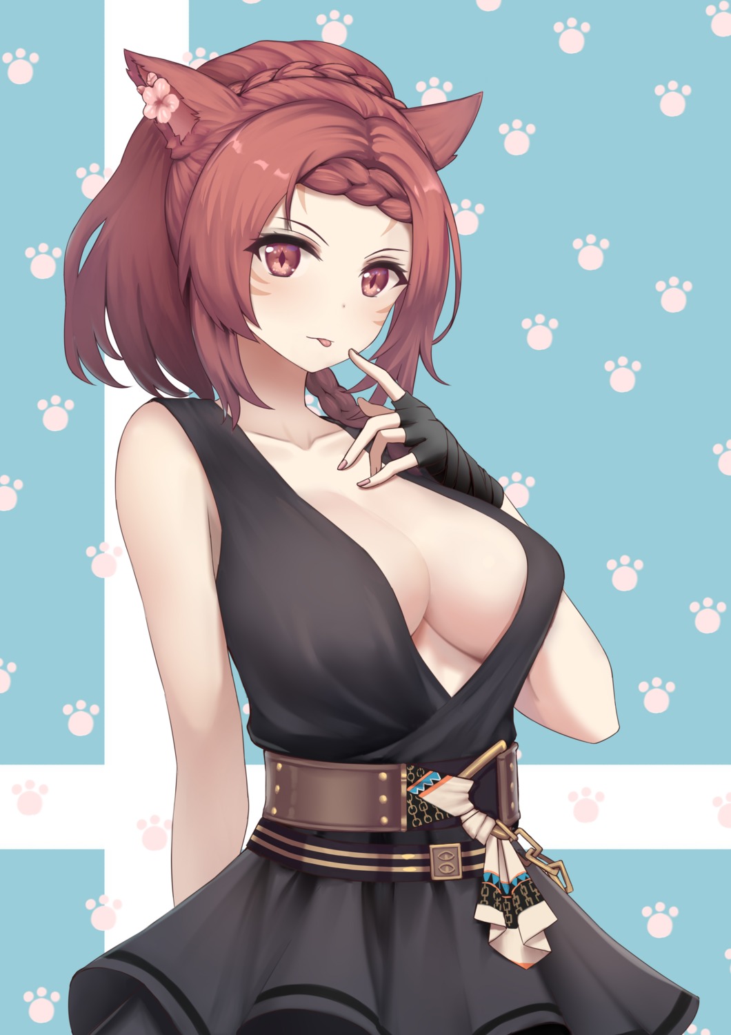 animal_ears final_fantasy final_fantasy_xiv miqo'te nekomimi no_bra open_shirt yunkaiming