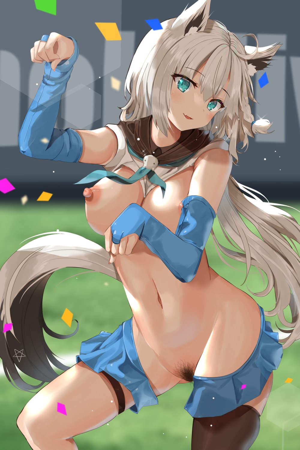 animal_ears areola breasts fujiko_(emnprmn) garter hololive hololive_gamers kitsune nipples no_bra nopan pubic_hair shirakami_fubuki tail thighhighs